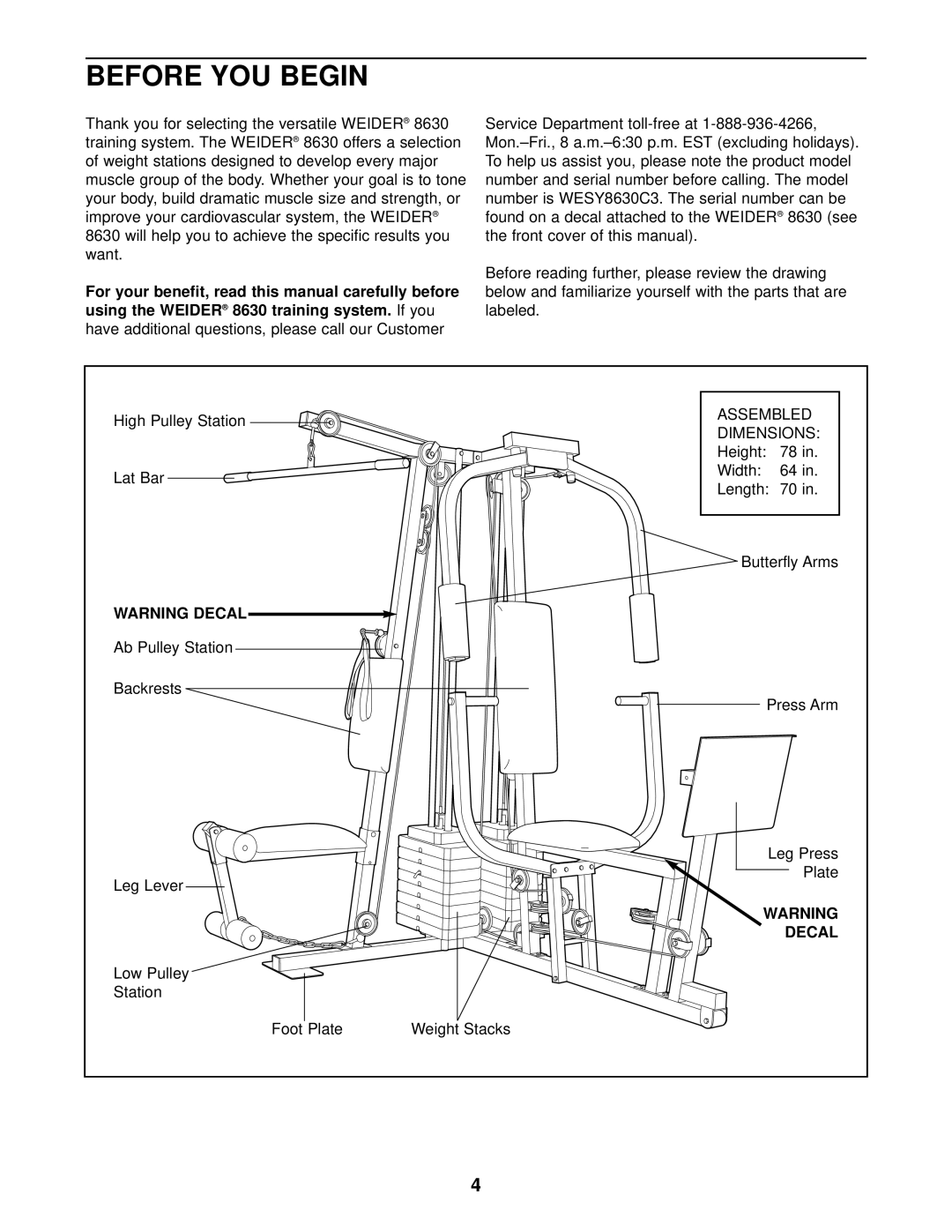 Healthrider WESY8630C3 manual Before YOU Begin, Using the Weider 