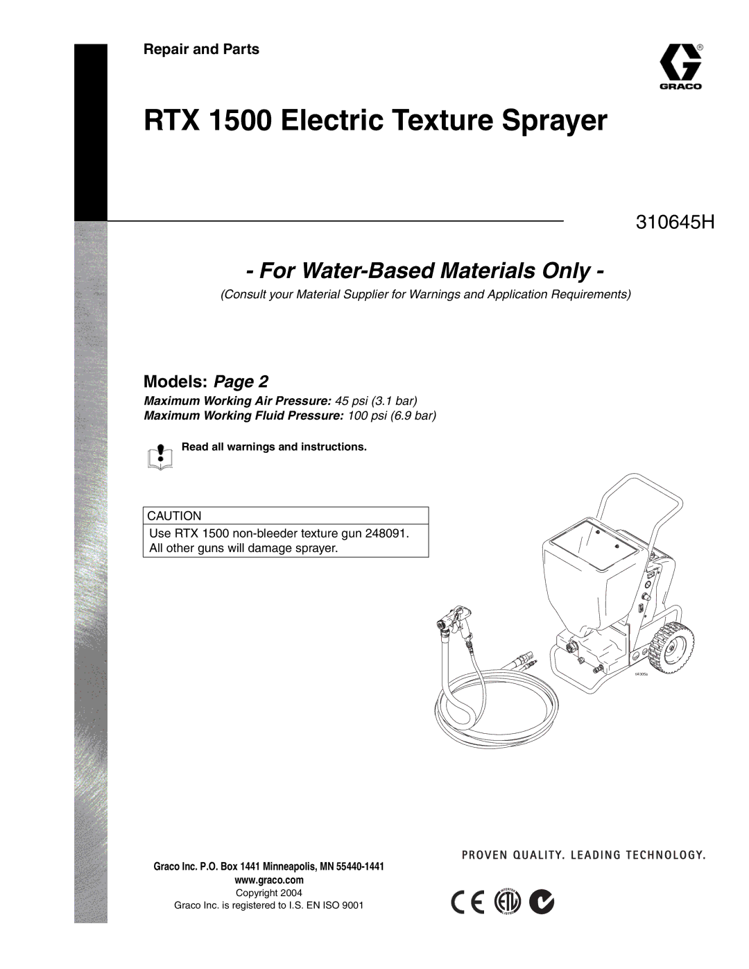 Healthyway 310645H manual RTX 1500 Electric Texture Sprayer, Repair and Parts 