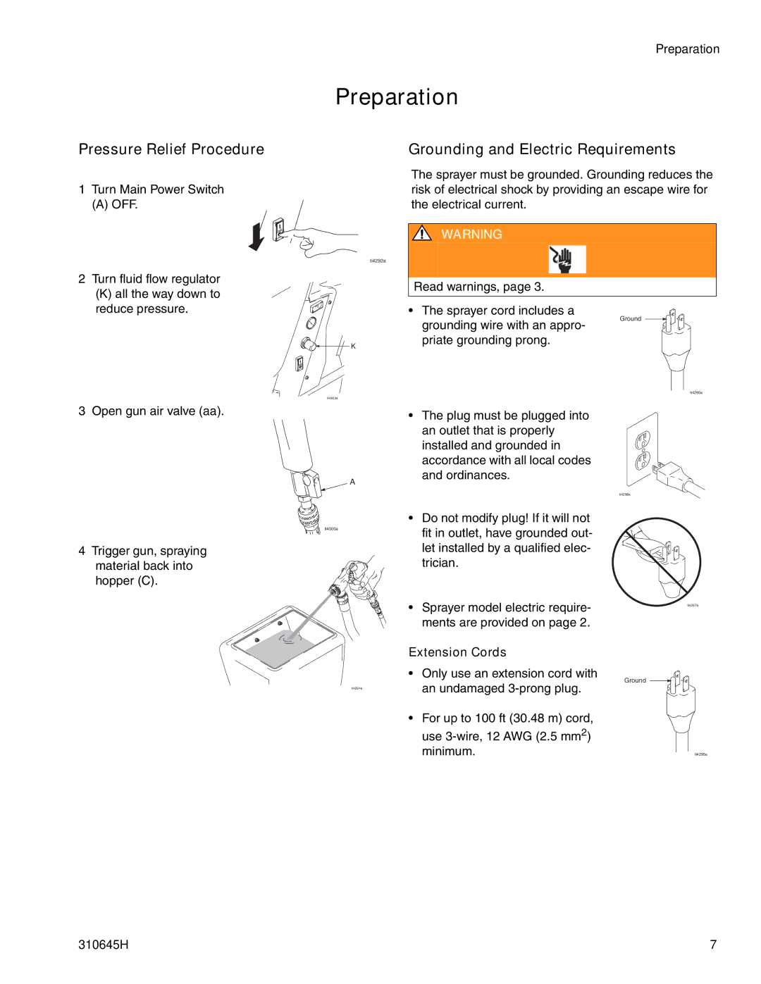 Healthyway 310645H manual Preparation, Pressure Relief Procedure, Grounding and Electric Requirements, Extension Cords 