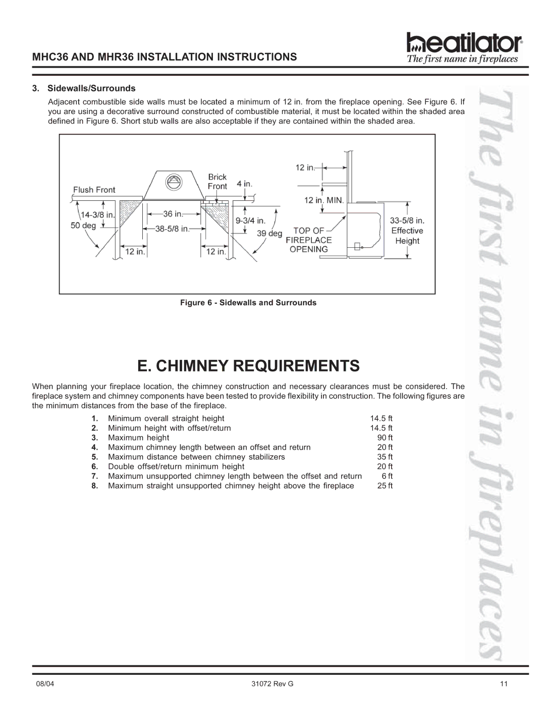 Heart & Home Collectables MHR36, MHC36 manual Chimney Requirements, Sidewalls/Surrounds 