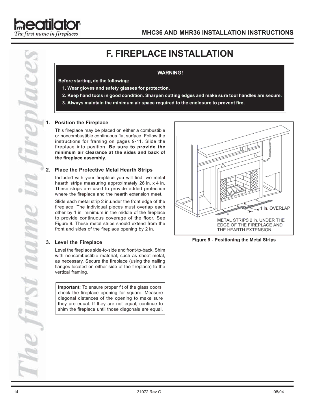 Heart & Home Collectables MHC36 Fireplace Installation, Position the Fireplace, Place the Protective Metal Hearth Strips 