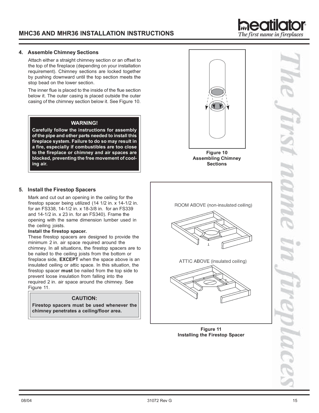 Heart & Home Collectables MHR36, MHC36 manual Assemble Chimney Sections, Install the Firestop Spacers 