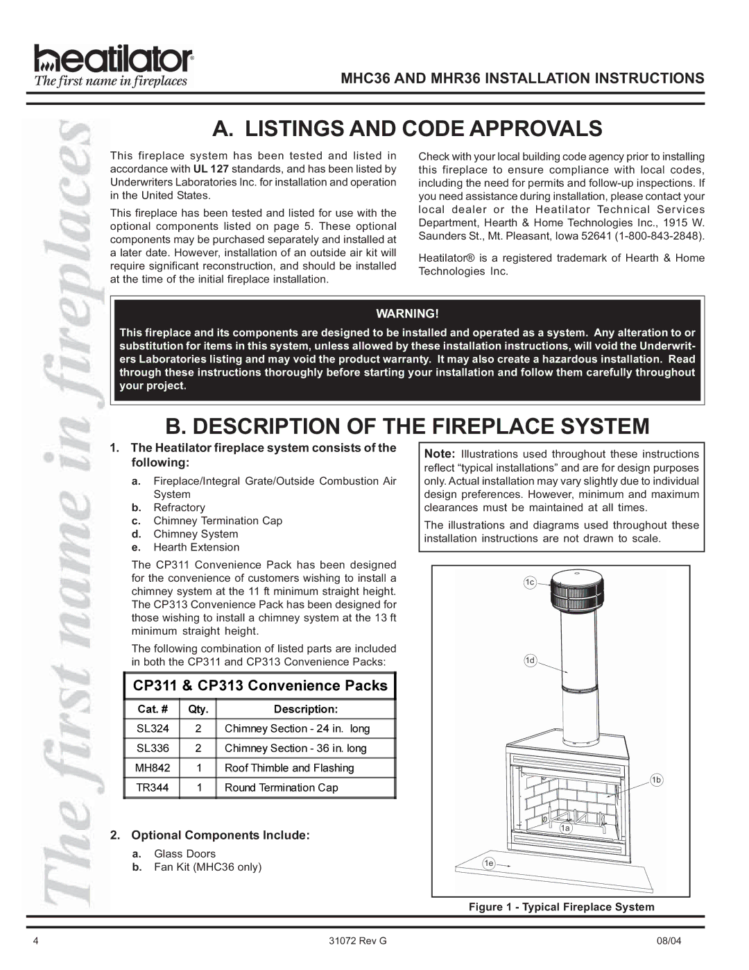 Heart & Home Collectables MHC36, MHR36 manual Listings and Code Approvals, Description of the Fireplace System 