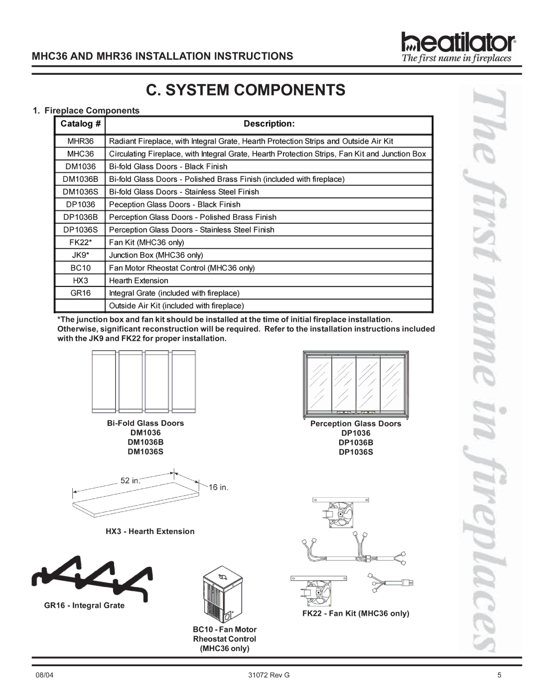 Heart & Home Collectables MHR36, MHC36 manual System Components, Fireplace Components 