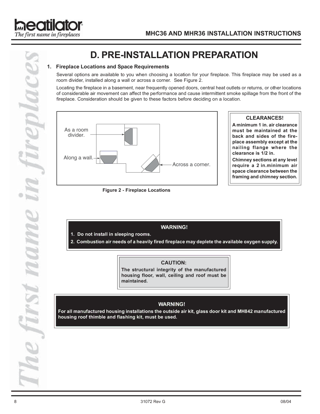 Heart & Home Collectables MHC36, MHR36 manual PRE-INSTALLATION Preparation, Fireplace Locations and Space Requirements 