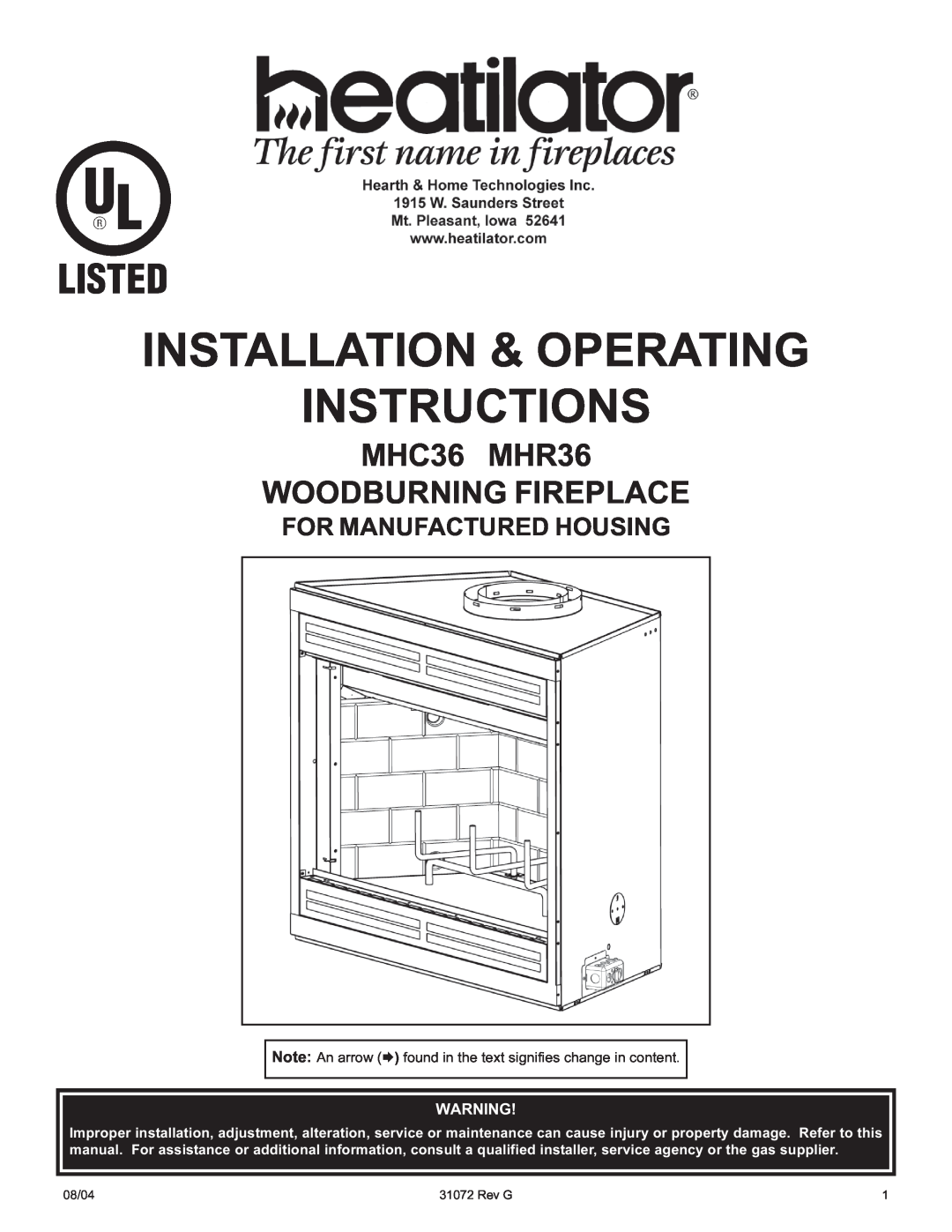 Heart & Home Collectables manual Installation & Operating Instructions, MHC36 MHR36 WOODBURNING FIREPLACE 