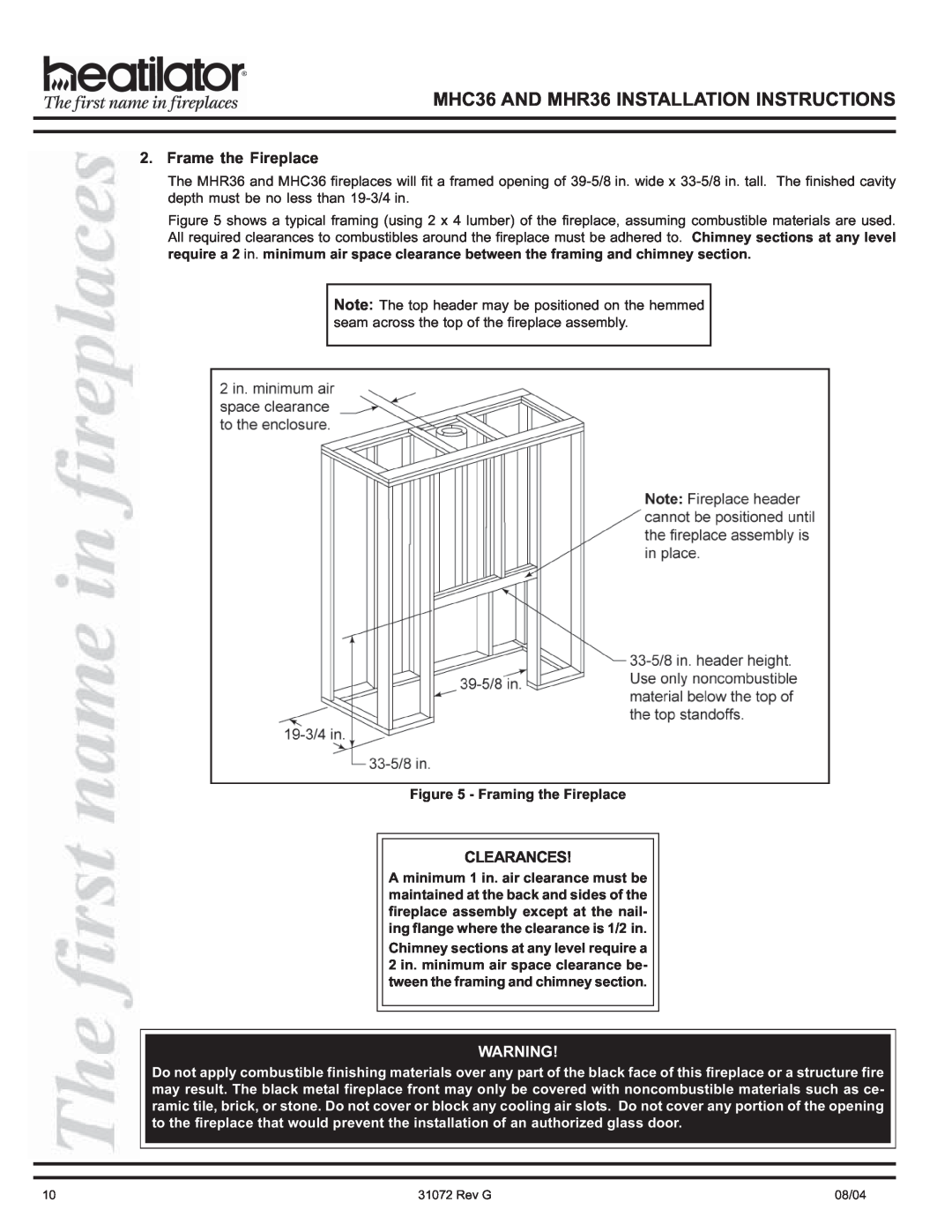 Heart & Home Collectables manual Frame the Fireplace, MHC36 AND MHR36 INSTALLATION INSTRUCTIONS, Clearances 
