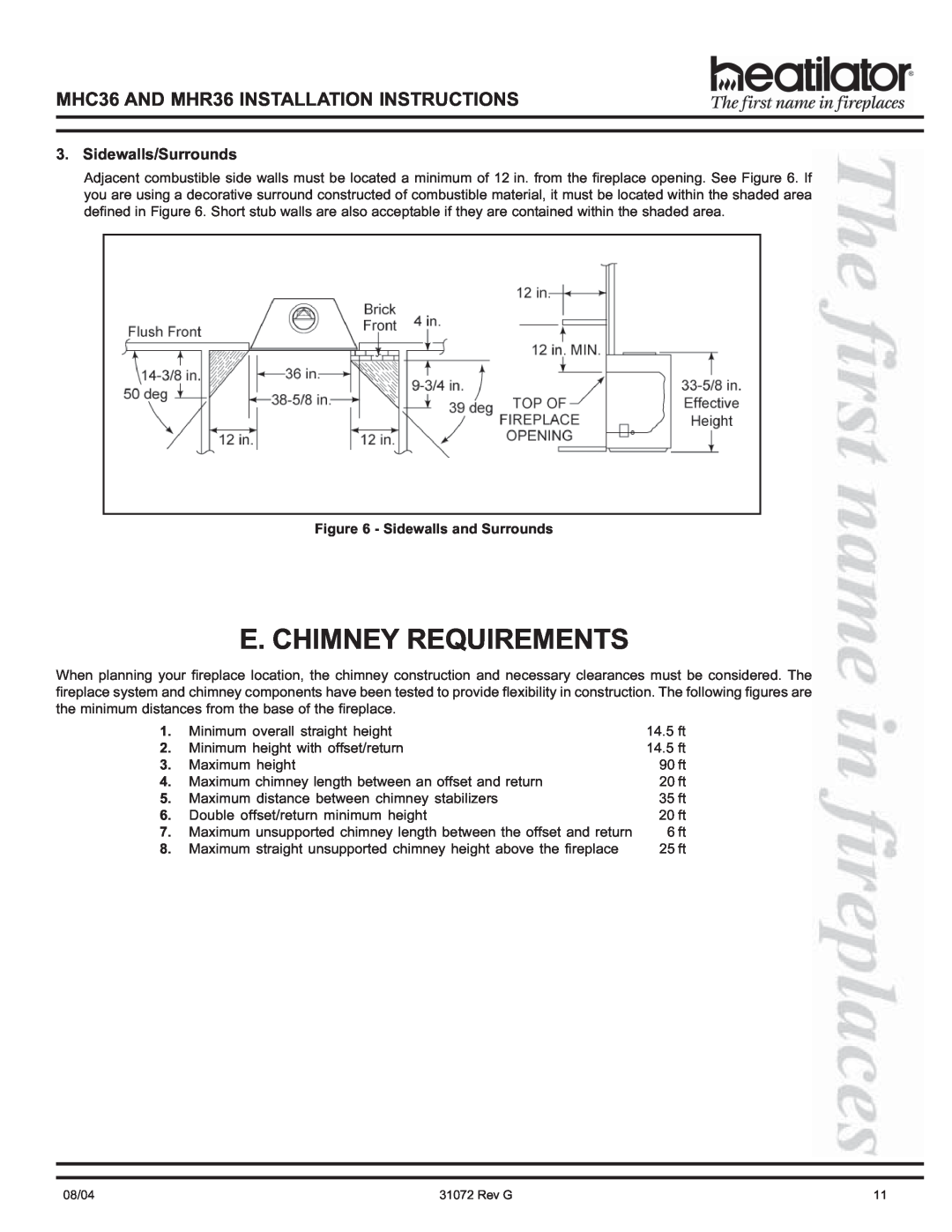 Heart & Home Collectables manual E. Chimney Requirements, Sidewalls/Surrounds, MHC36 AND MHR36 INSTALLATION INSTRUCTIONS 