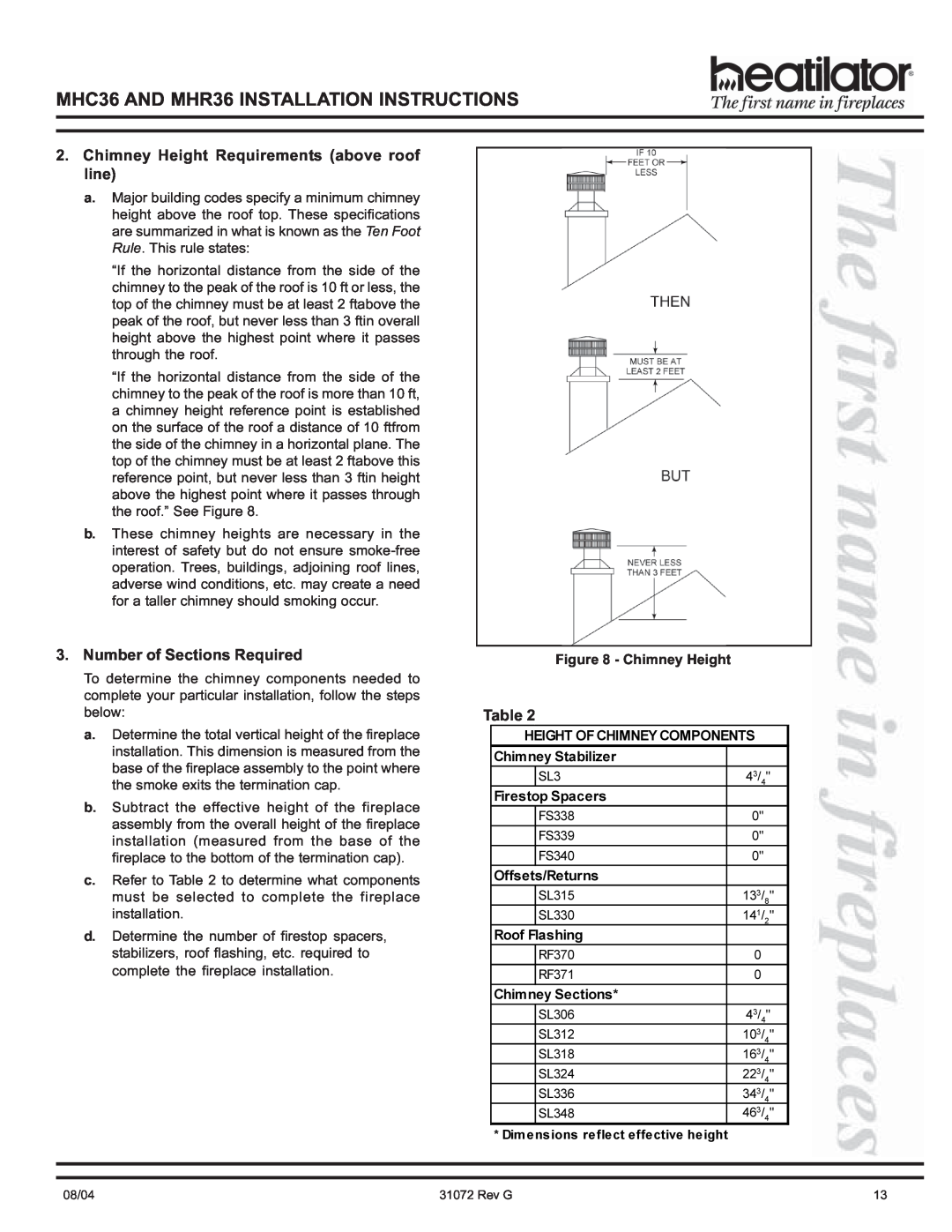 Heart & Home Collectables MHR36, MHC36 manual Chimney Height Requirements above roof line, Number of Sections Required 