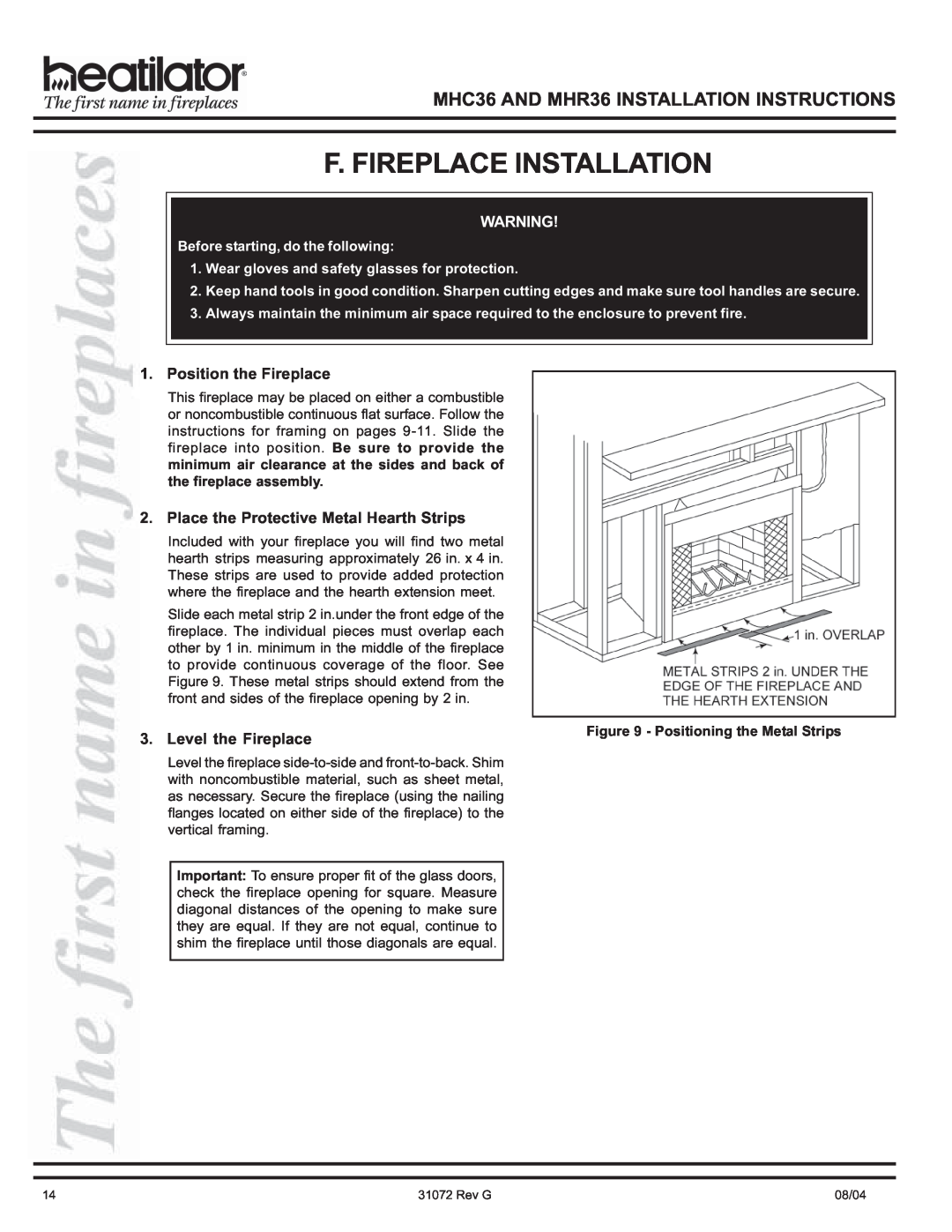 Heart & Home Collectables MHC36, MHR36 manual F. Fireplace Installation, Position the Fireplace, Level the Fireplace 