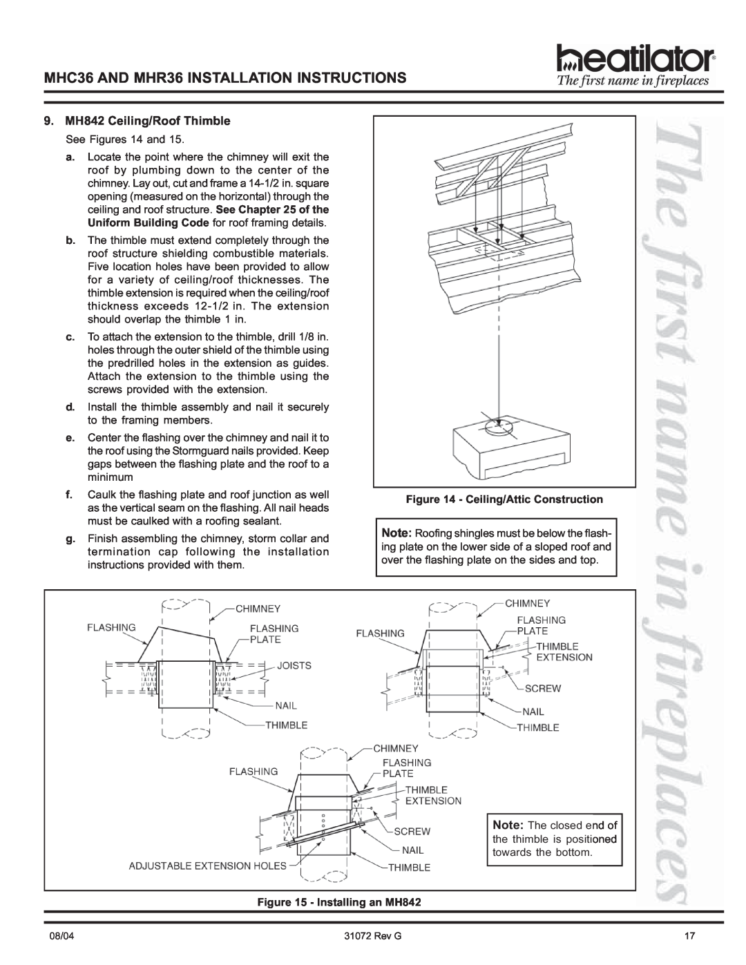 Heart & Home Collectables manual 9. MH842 Ceiling/Roof Thimble, MHC36 AND MHR36 INSTALLATION INSTRUCTIONS 