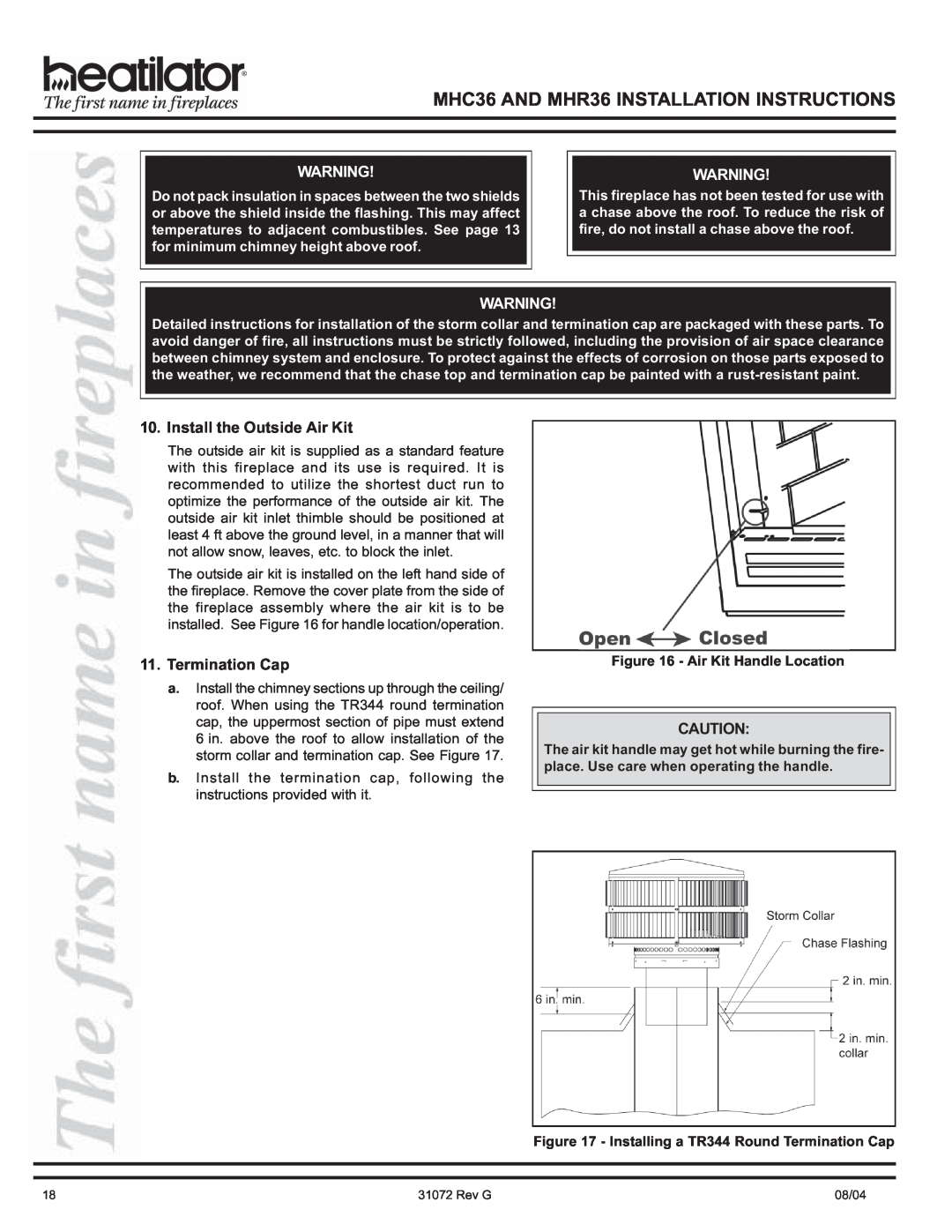 Heart & Home Collectables manual Install the Outside Air Kit, Termination Cap, MHC36 AND MHR36 INSTALLATION INSTRUCTIONS 