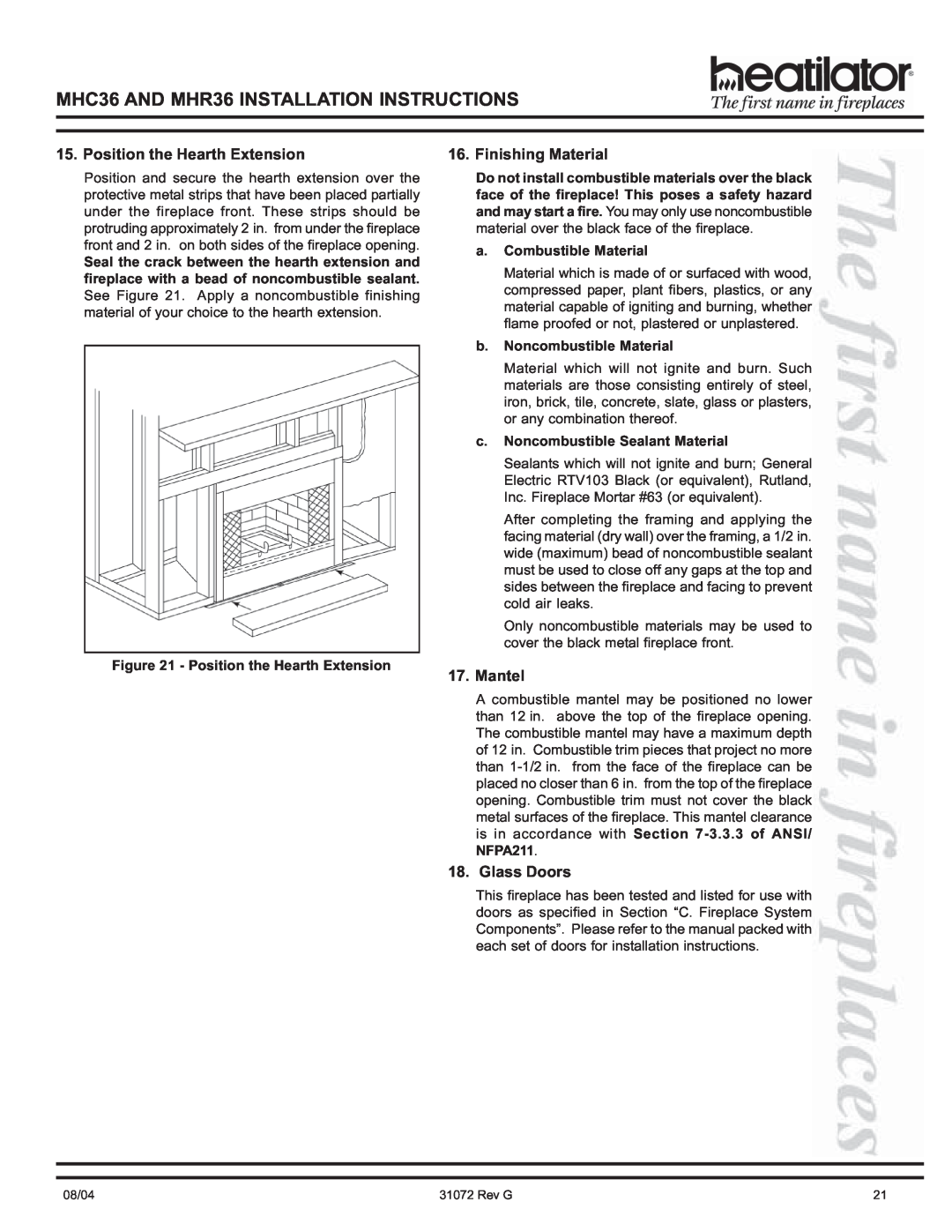 Heart & Home Collectables MHR36, MHC36 manual Position the Hearth Extension, Finishing Material, Mantel, Glass Doors 