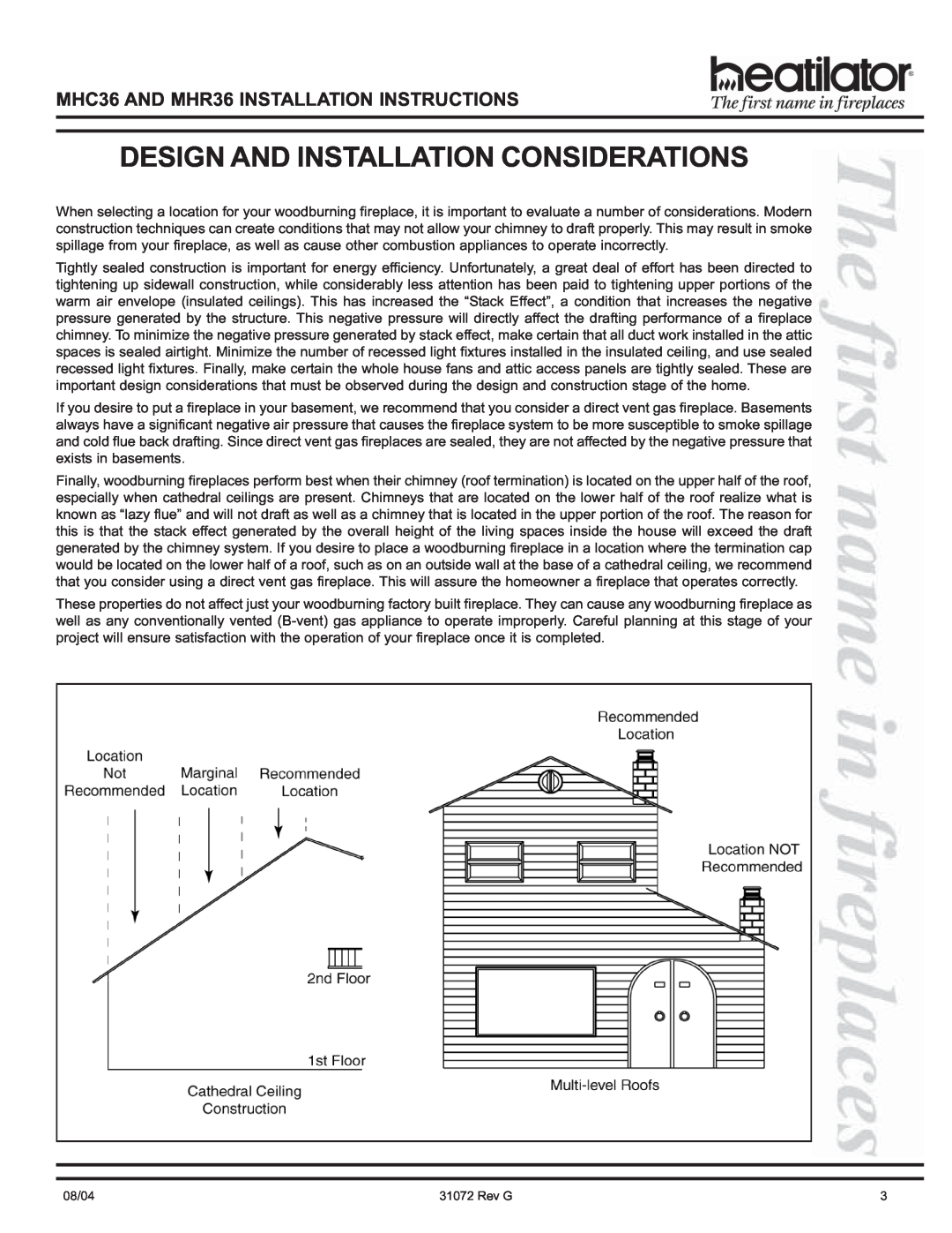 Heart & Home Collectables manual Design And Installation Considerations, MHC36 AND MHR36 INSTALLATION INSTRUCTIONS 