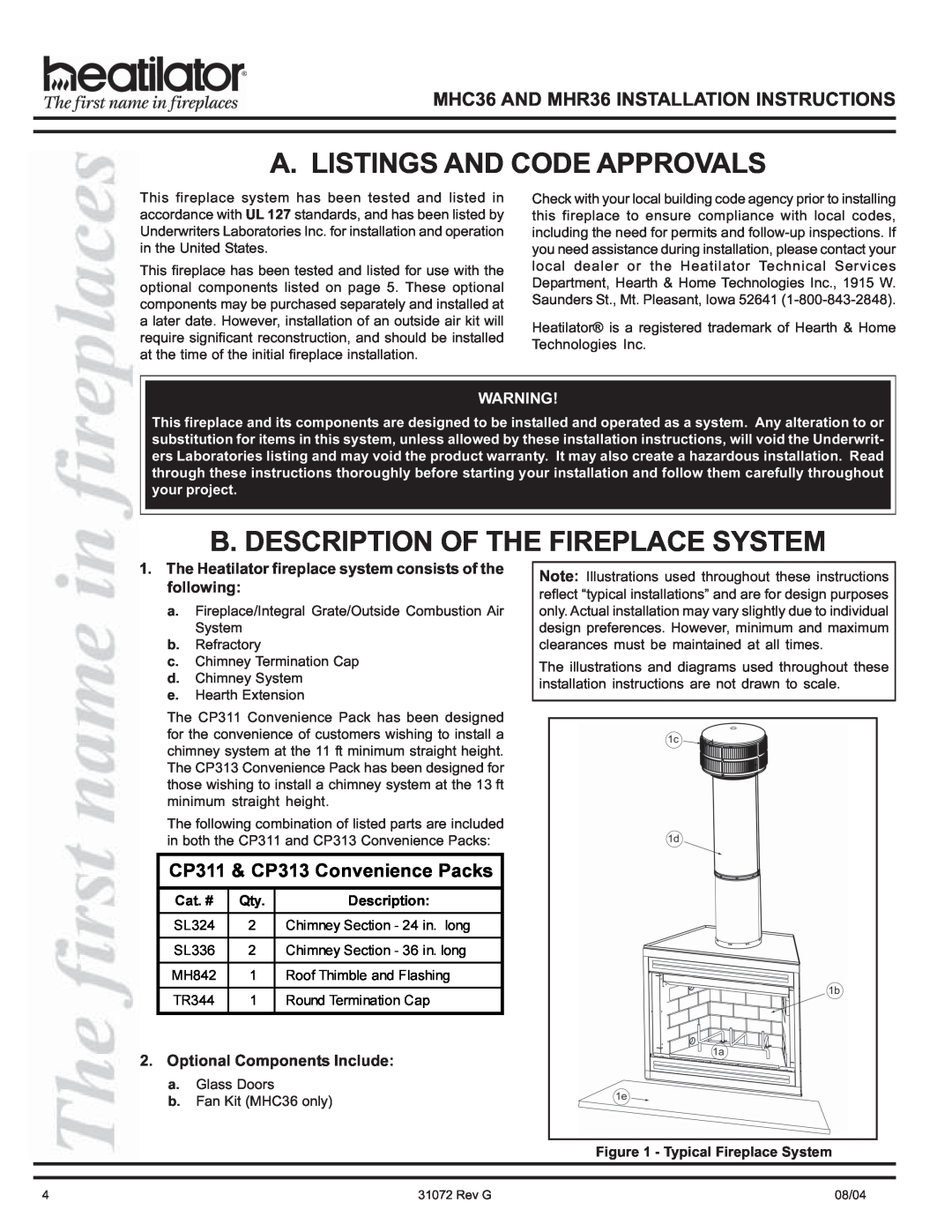 Heart & Home Collectables MHC36, MHR36 manual A. Listings And Code Approvals, B. Description Of The Fireplace System 