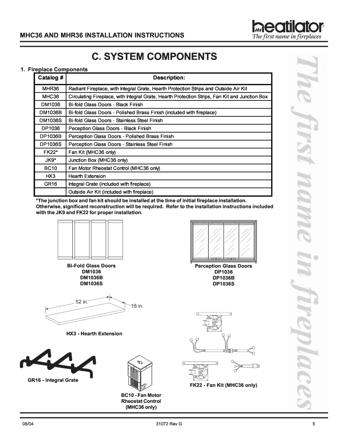 Heart & Home Collectables MHR36, MHC36 manual C. System Components, Fireplace Components, Catalog #, Description 