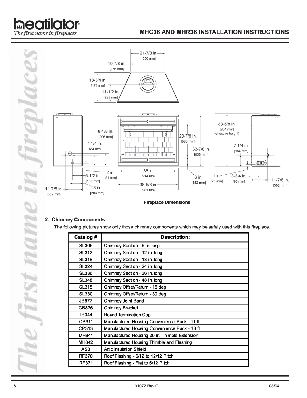 Heart & Home Collectables manual Chimney Components, MHC36 AND MHR36 INSTALLATION INSTRUCTIONS, Catalog #, Description 