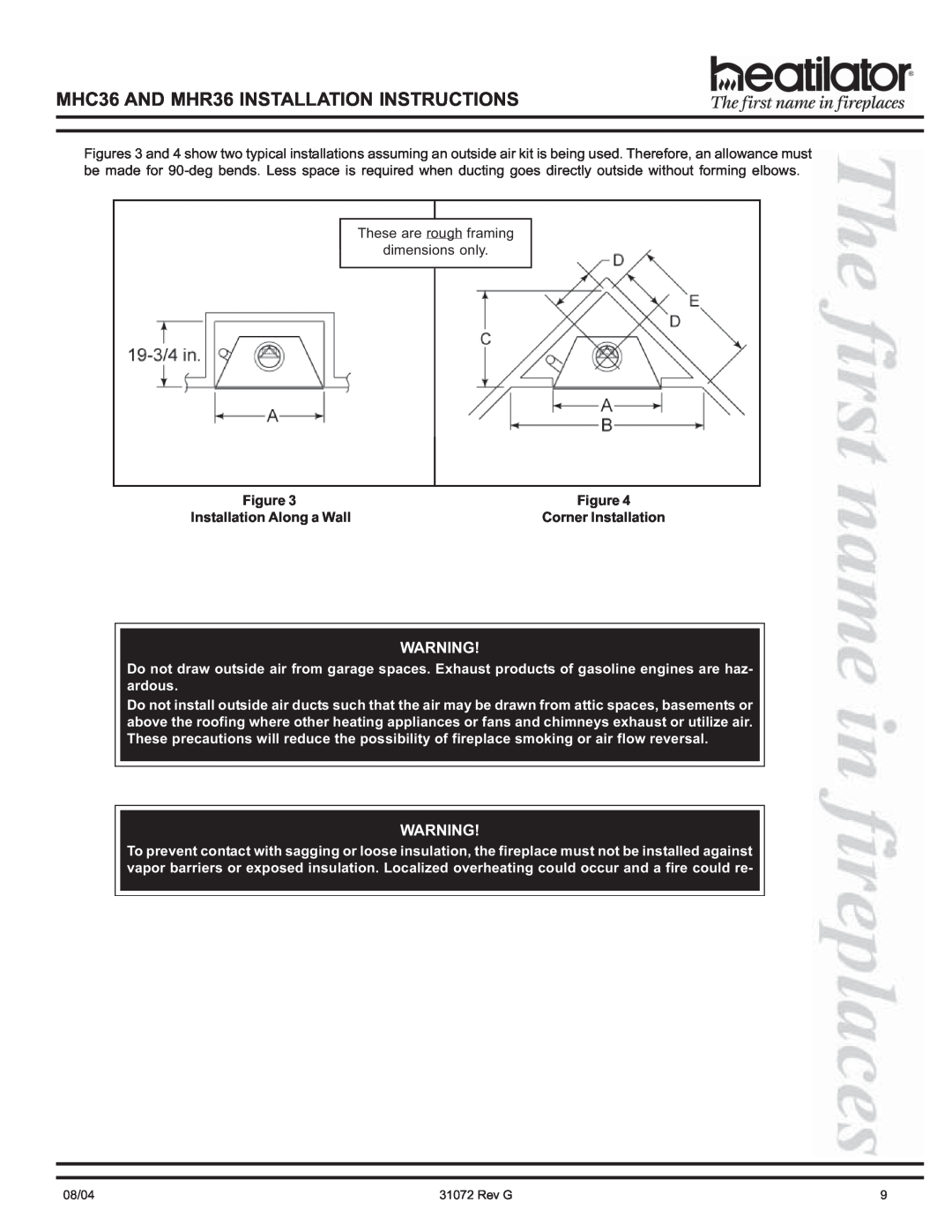 Heart & Home Collectables manual MHC36 AND MHR36 INSTALLATION INSTRUCTIONS, These are rough framing dimensions only 