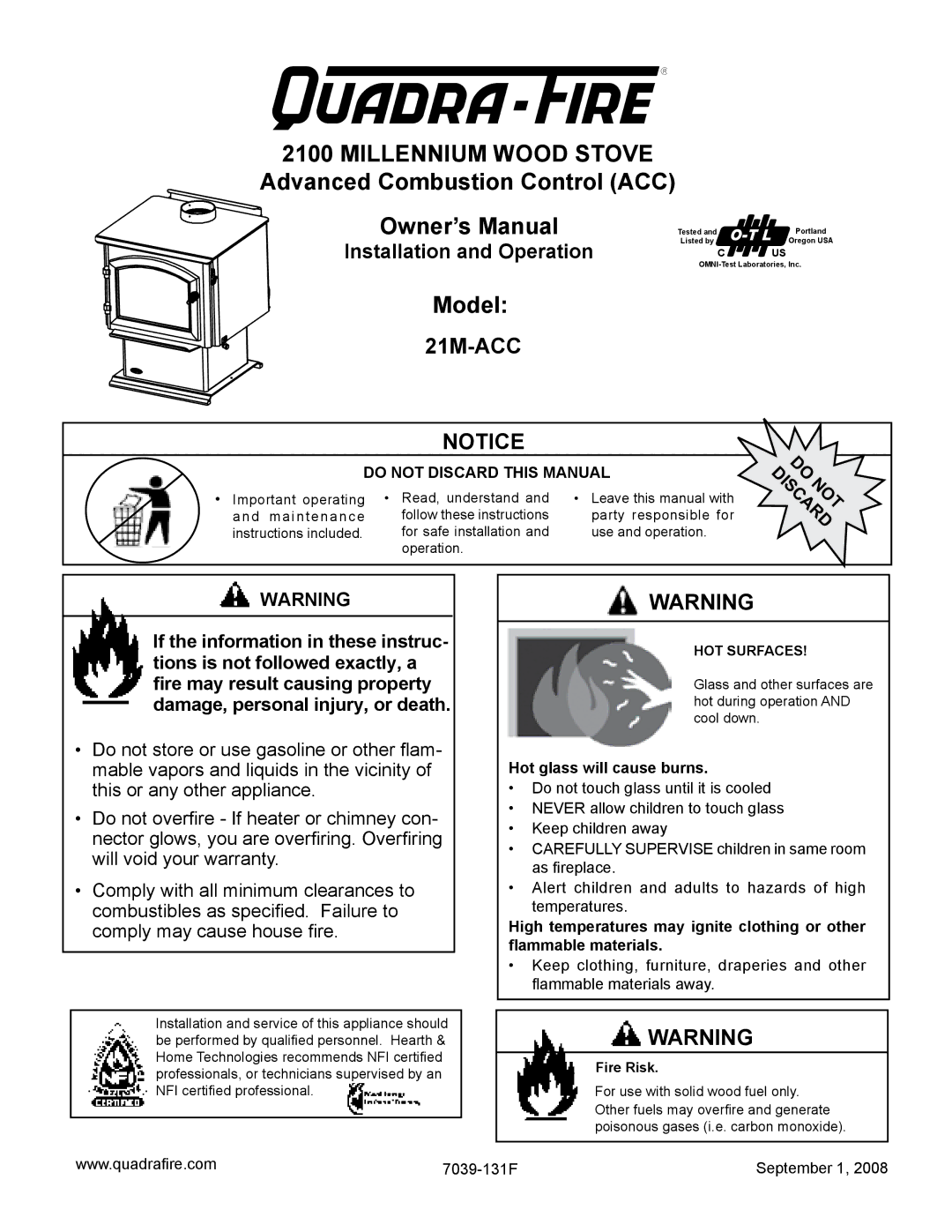 Hearth and Home Technologies 21M-ACC warranty Hot glass will cause burns, 7039-131F September 1 