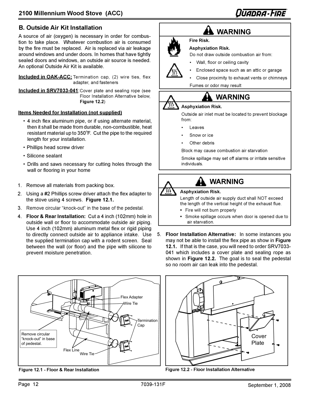 Hearth and Home Technologies 21M-ACC warranty Millennium Wood Stove ACC Outside Air Kit Installation 