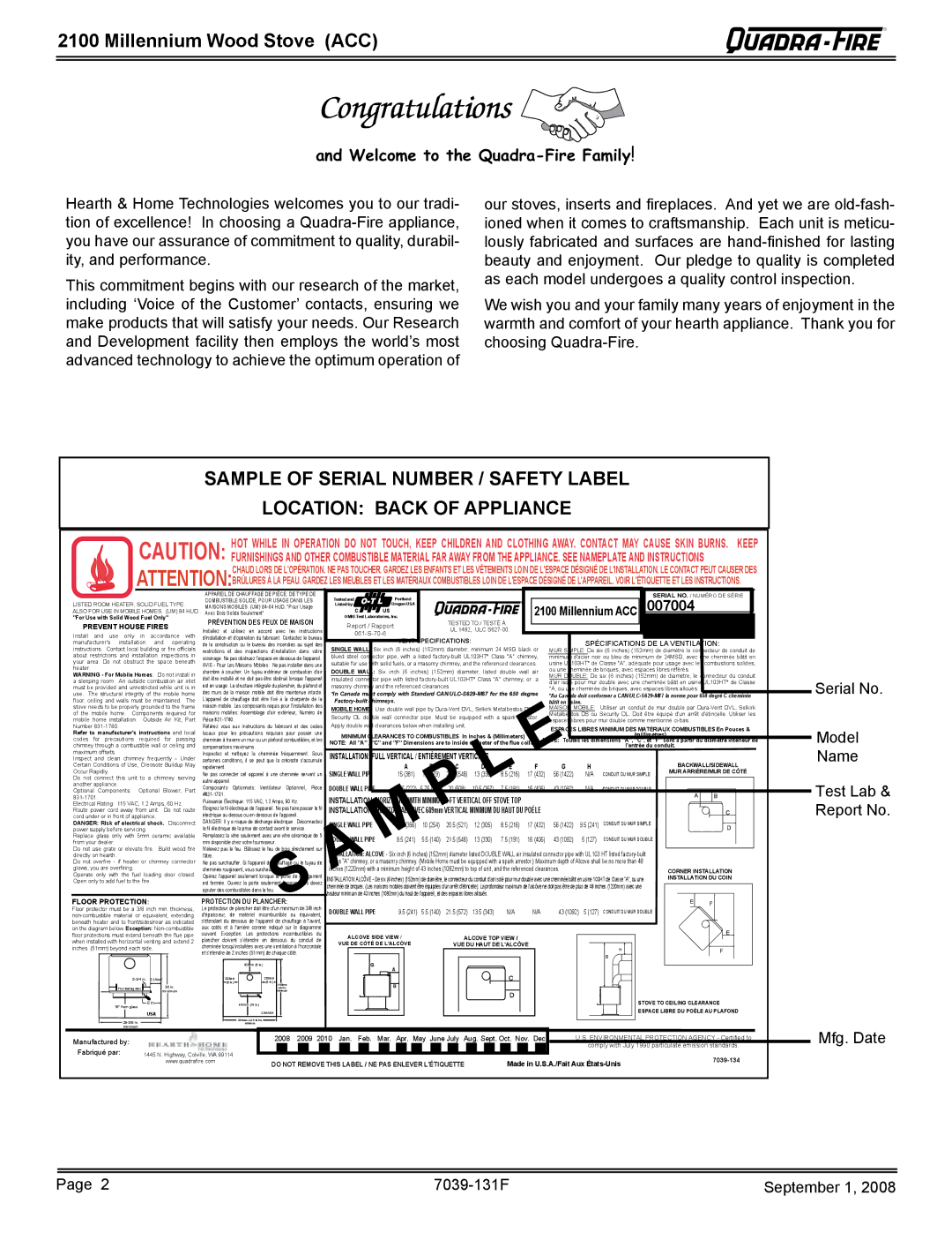 Hearth and Home Technologies 21M-ACC Millennium Wood Stove ACC, Serial No Model Name, Mfg. Date 7039-131F September 1 