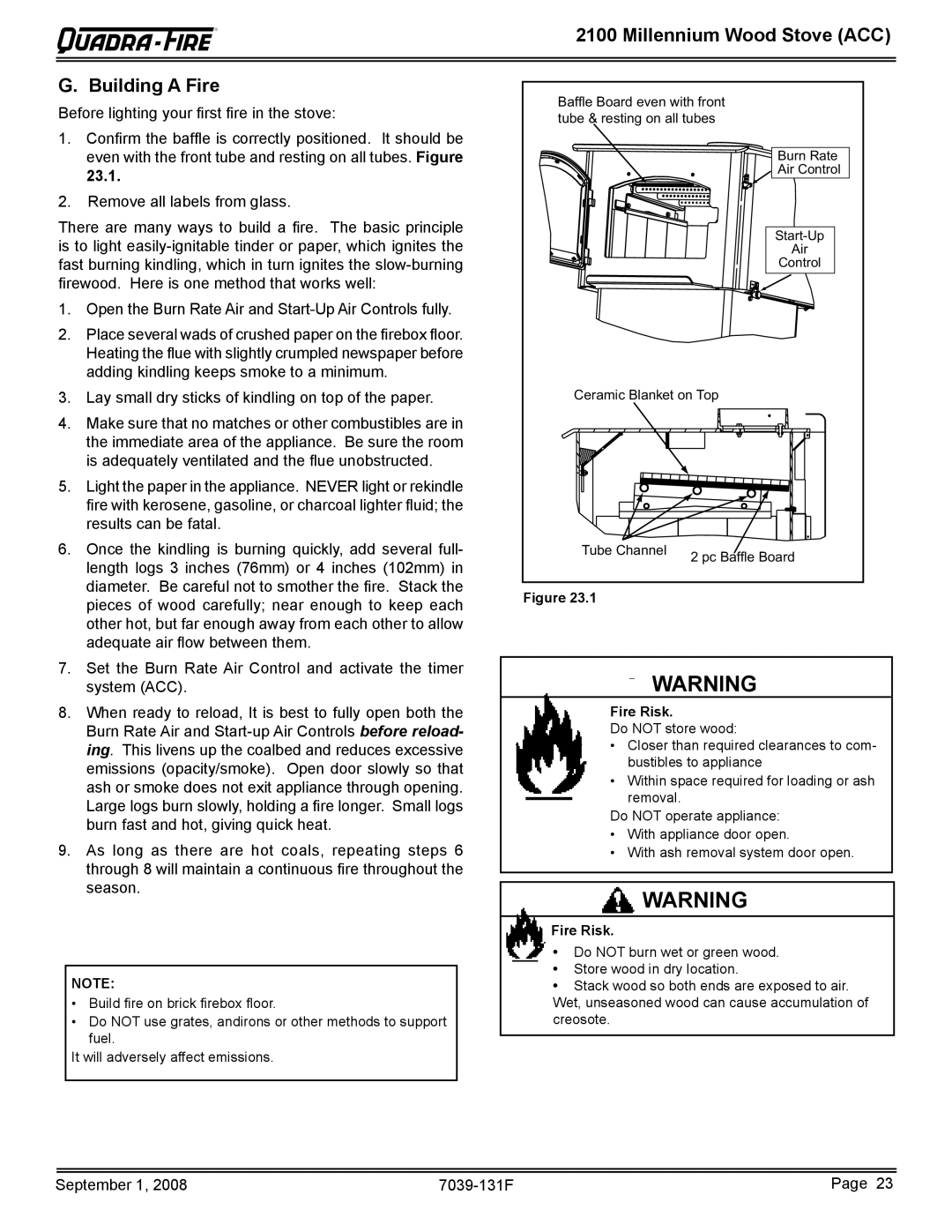 Hearth and Home Technologies 21M-ACC warranty Millennium Wood Stove ACC Building a Fire 