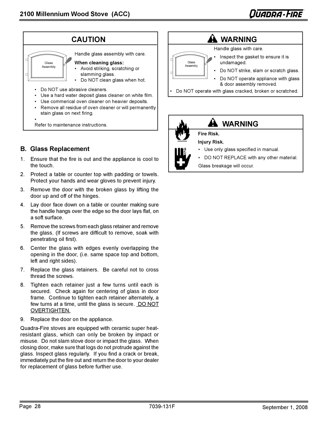 Hearth and Home Technologies 21M-ACC warranty Glass Replacement, When cleaning glass 