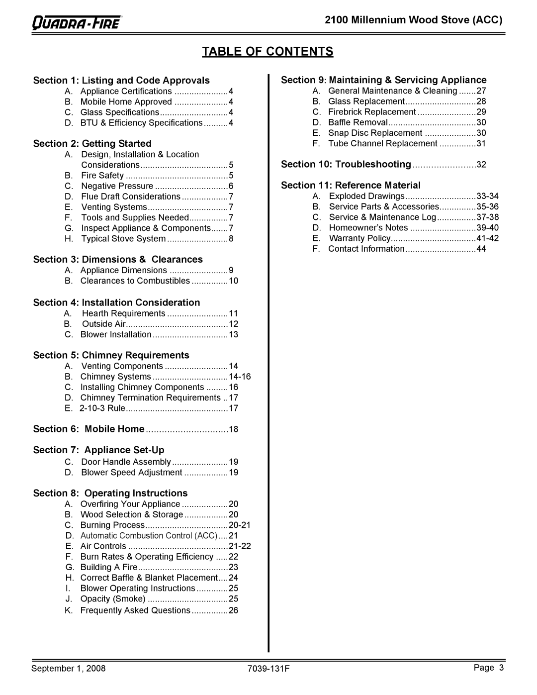 Hearth and Home Technologies 21M-ACC warranty Table of Contents 