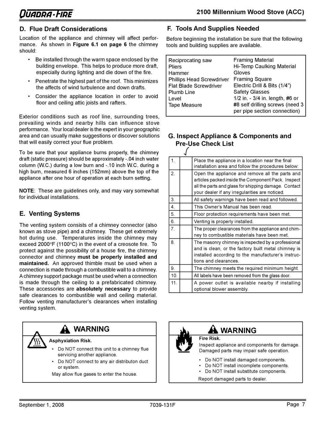 Hearth and Home Technologies 21M-ACC warranty Millennium Wood Stove ACC Flue Draft Considerations, Venting Systems 