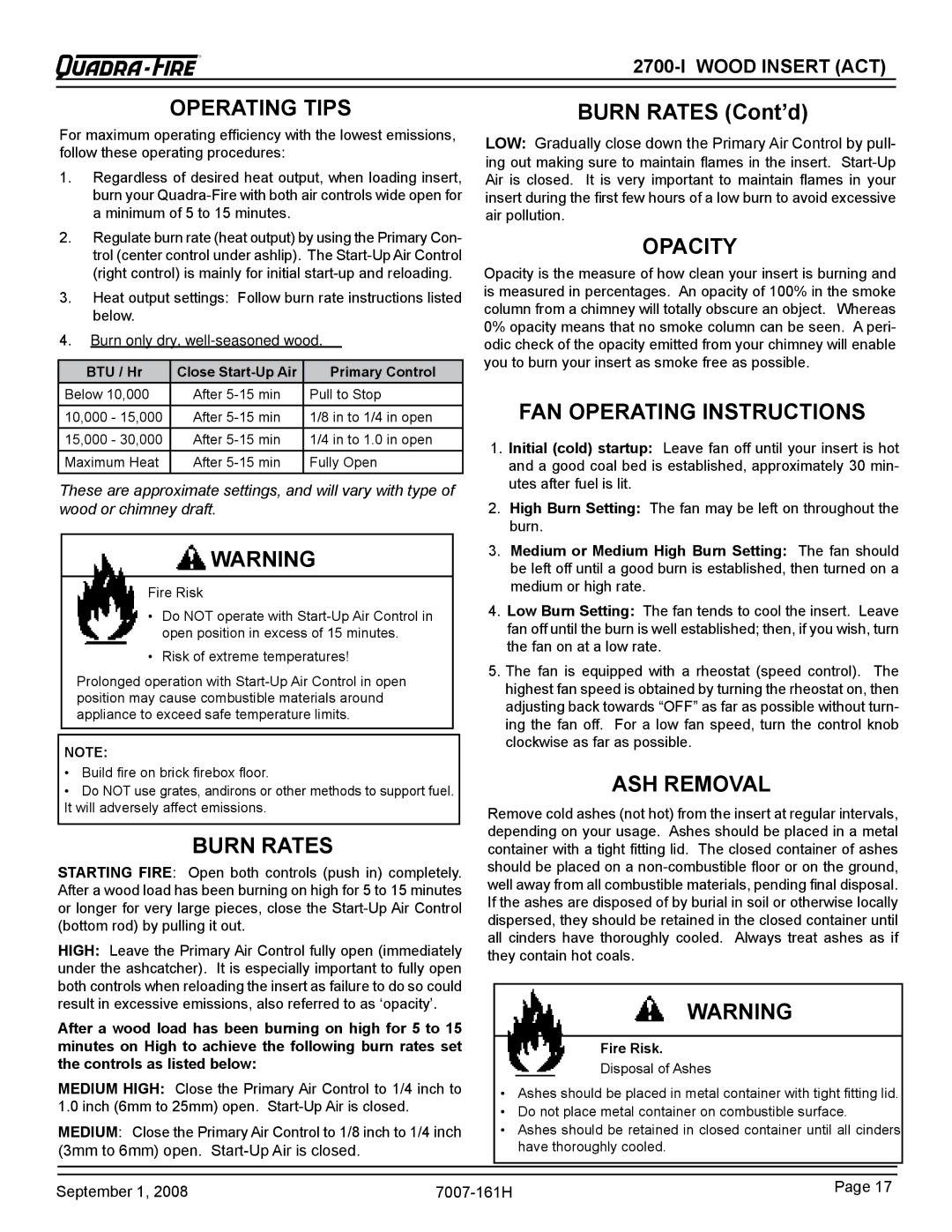 Hearth and Home Technologies 2700-I warranty Operating Tips, Burn Rates, Opacity, ASH Removal 