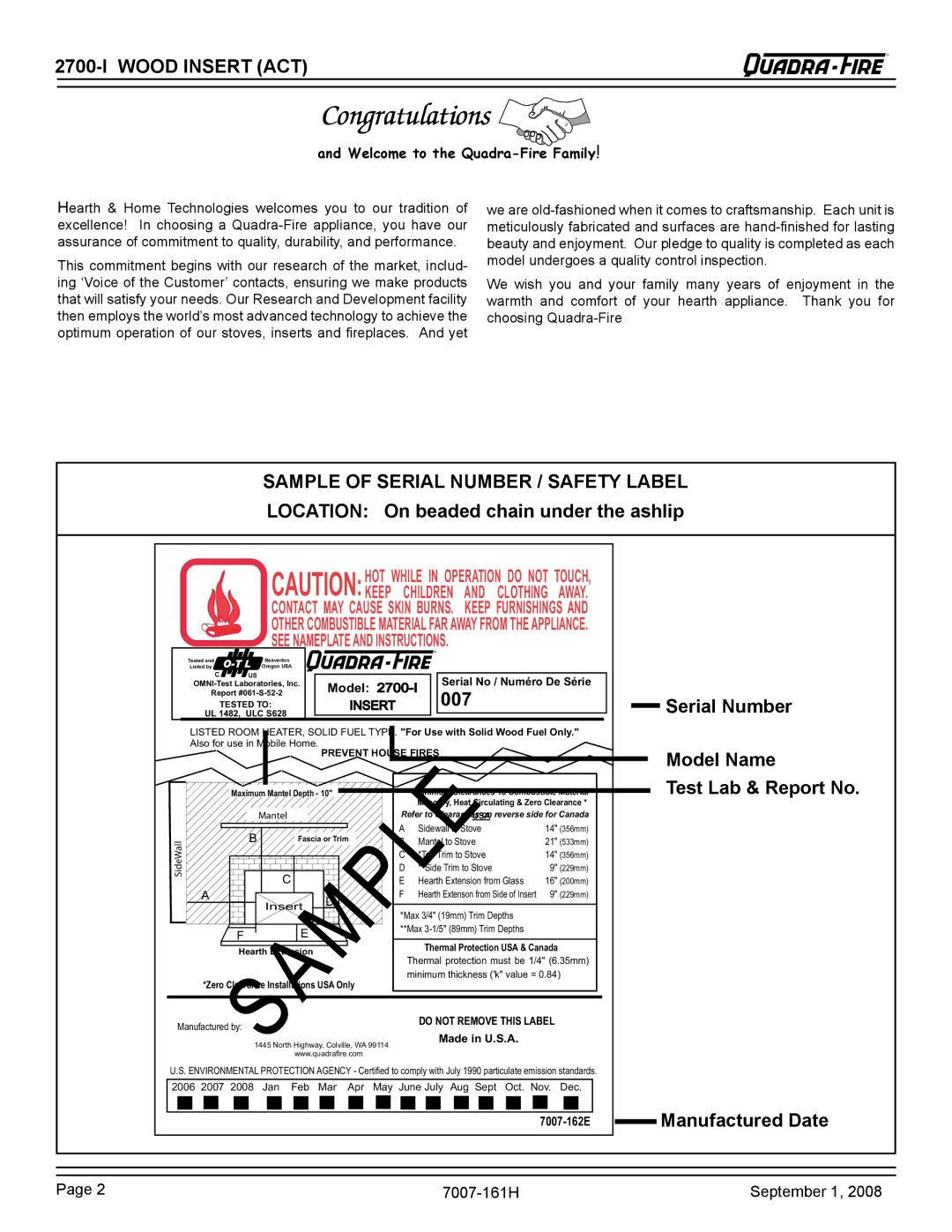 Hearth and Home Technologies 2700-I warranty 007, Serial Number Model Name, Test Lab & Report No, Manufactured Date 