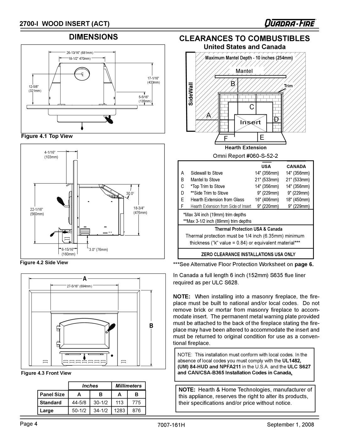 Hearth and Home Technologies 2700-I Dimensions, Clearances to Combustibles, United States and Canada, Hearth Extension 