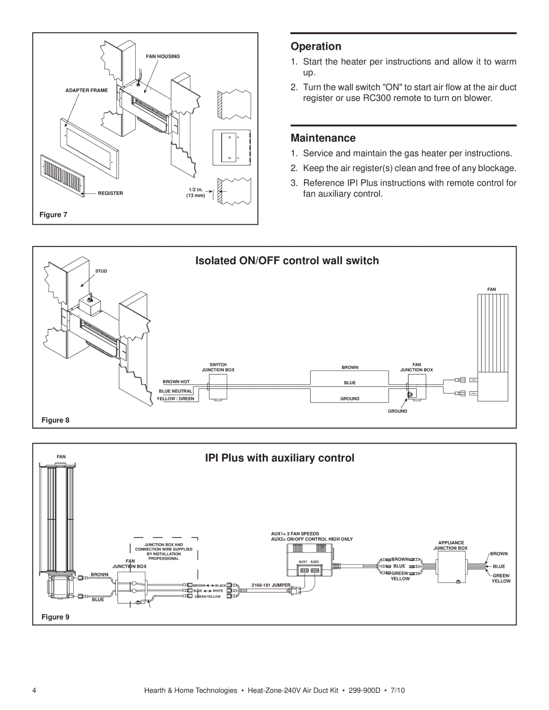 Hearth and Home Technologies 299-900D manual Operation, Maintenance, Isolated ON/OFF control wall switch 