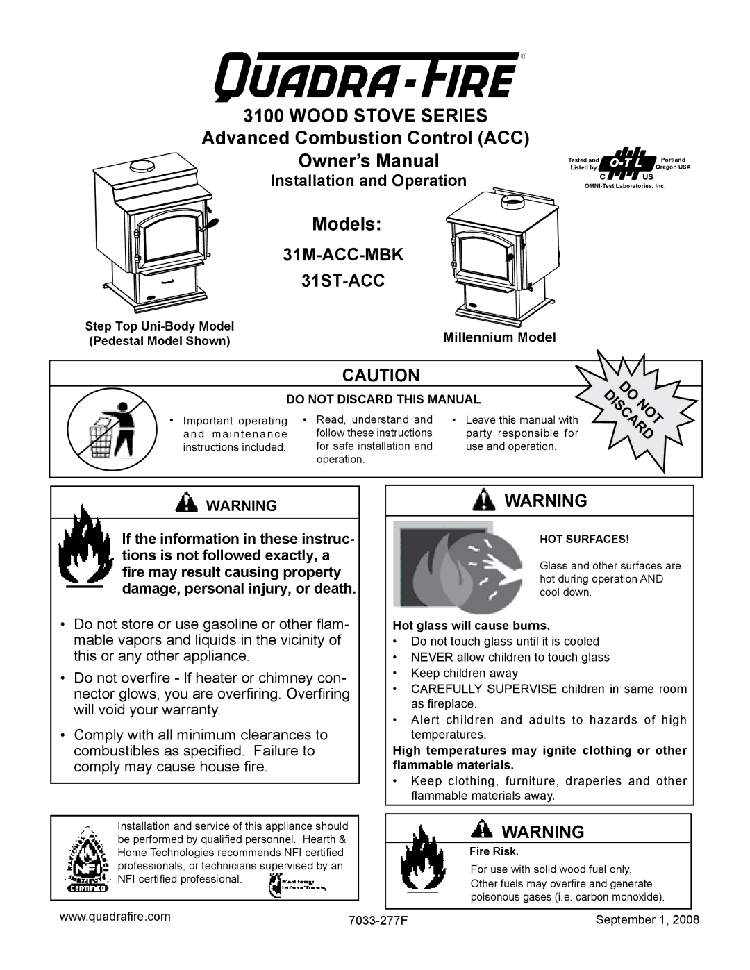 Hearth and Home Technologies 31M-ACC-MBK owner manual Step Top Uni-Body Model Millennium Model, Hot glass will cause burns 