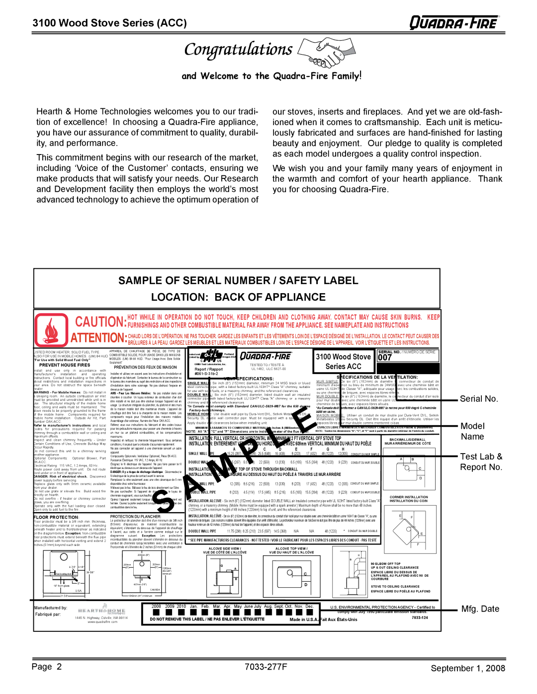 Hearth and Home Technologies 31ST-ACC Wood Stove Series ACC, 007, Serial No Model Name, Mfg. Date 7033-277F September 1 