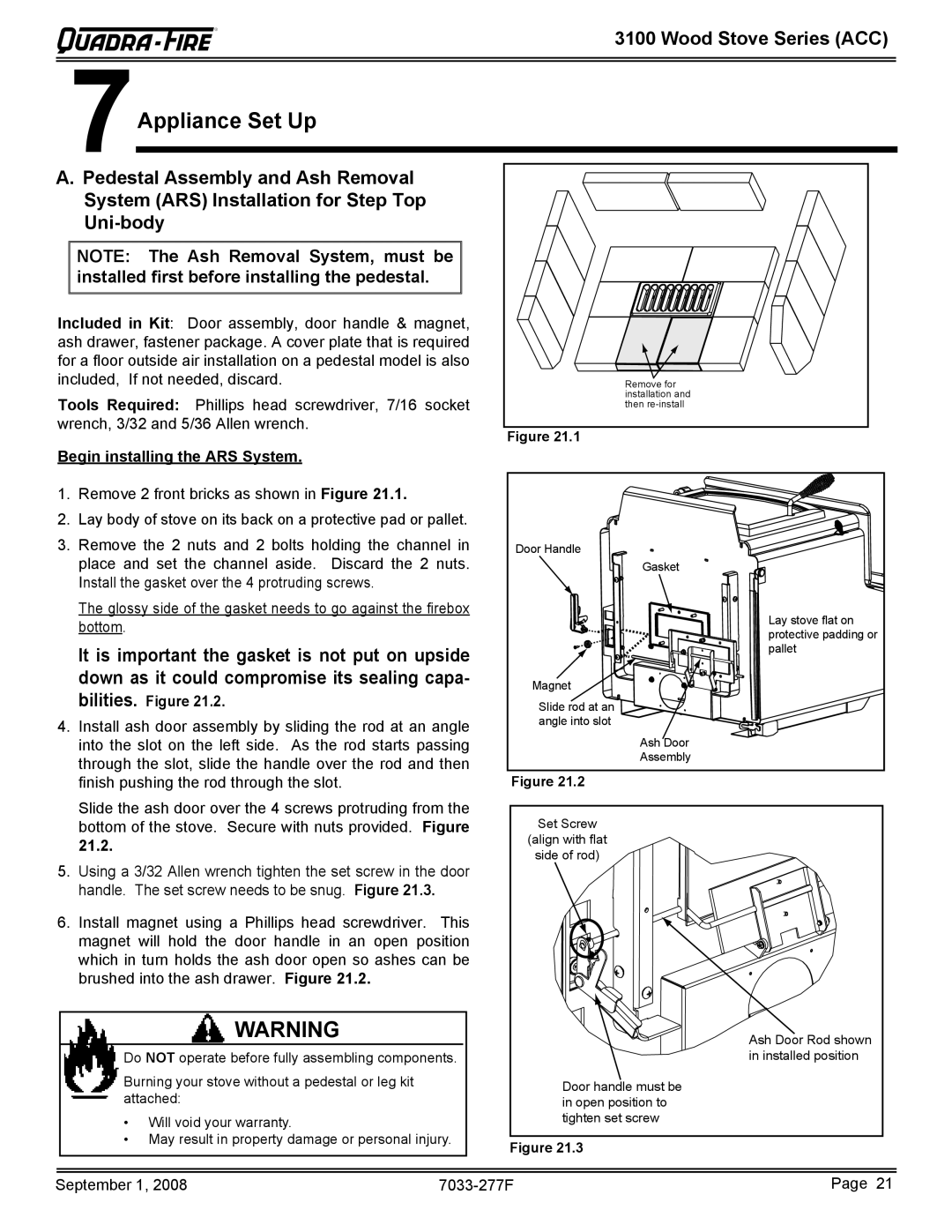 Hearth and Home Technologies 31M-ACC-MBK, 31ST-ACC owner manual Appliance Set Up, Begin installing the ARS System 