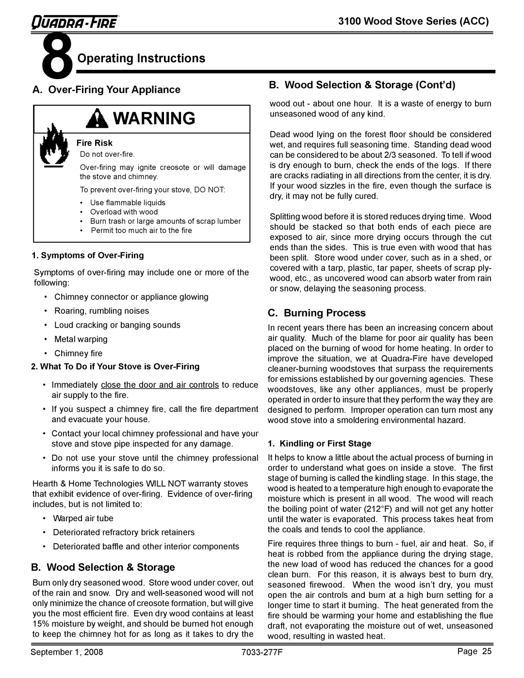 Hearth and Home Technologies 31M-ACC-MBK, 31ST-ACC Operating Instructions, Wood Selection & Storage, Burning Process 