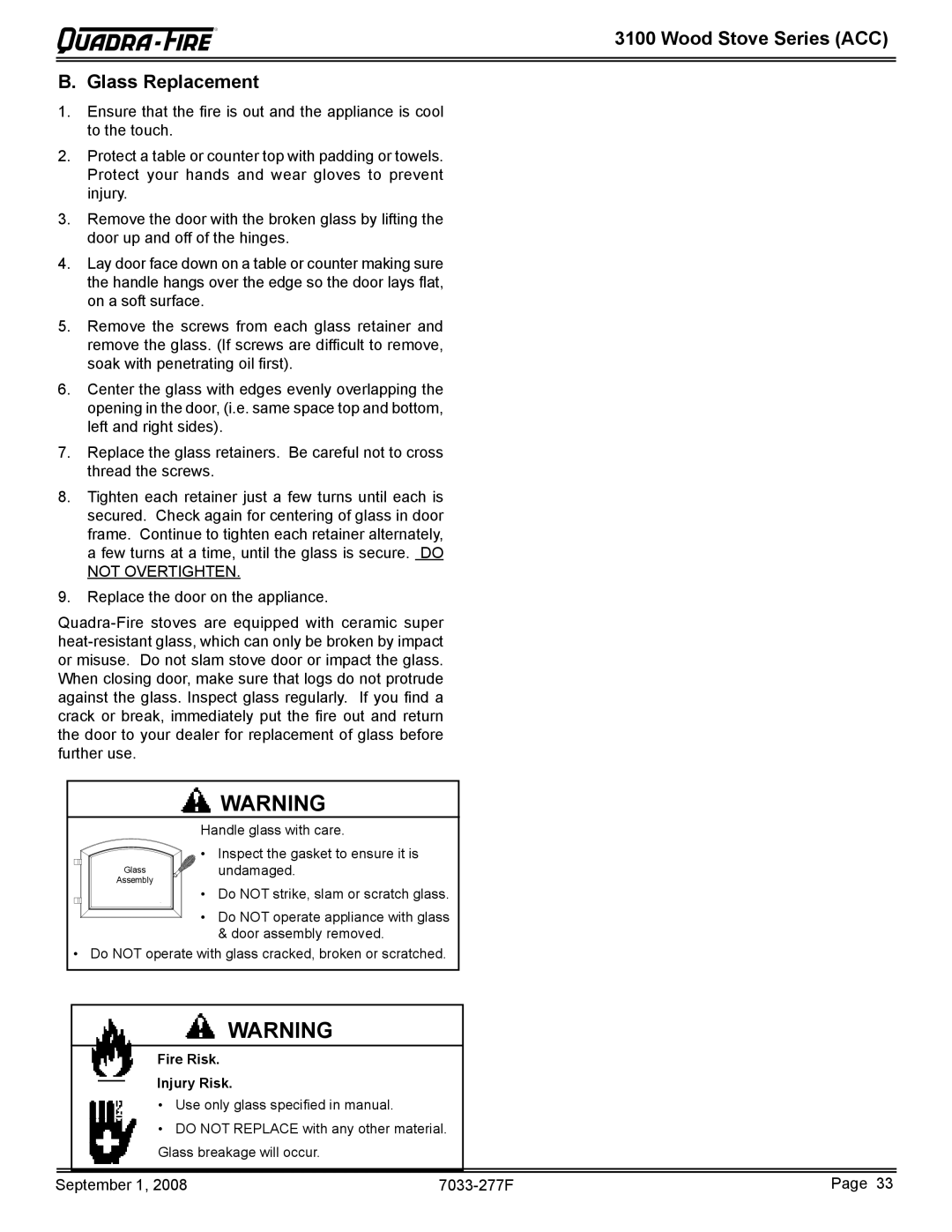 Hearth and Home Technologies 31M-ACC-MBK, 31ST-ACC owner manual Wood Stove Series ACC Glass Replacement 