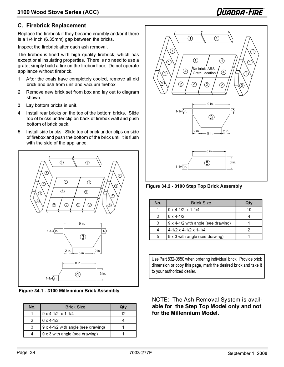 Hearth and Home Technologies 31ST-ACC owner manual Wood Stove Series ACC Firebrick Replacement, Appliance without firebrick 