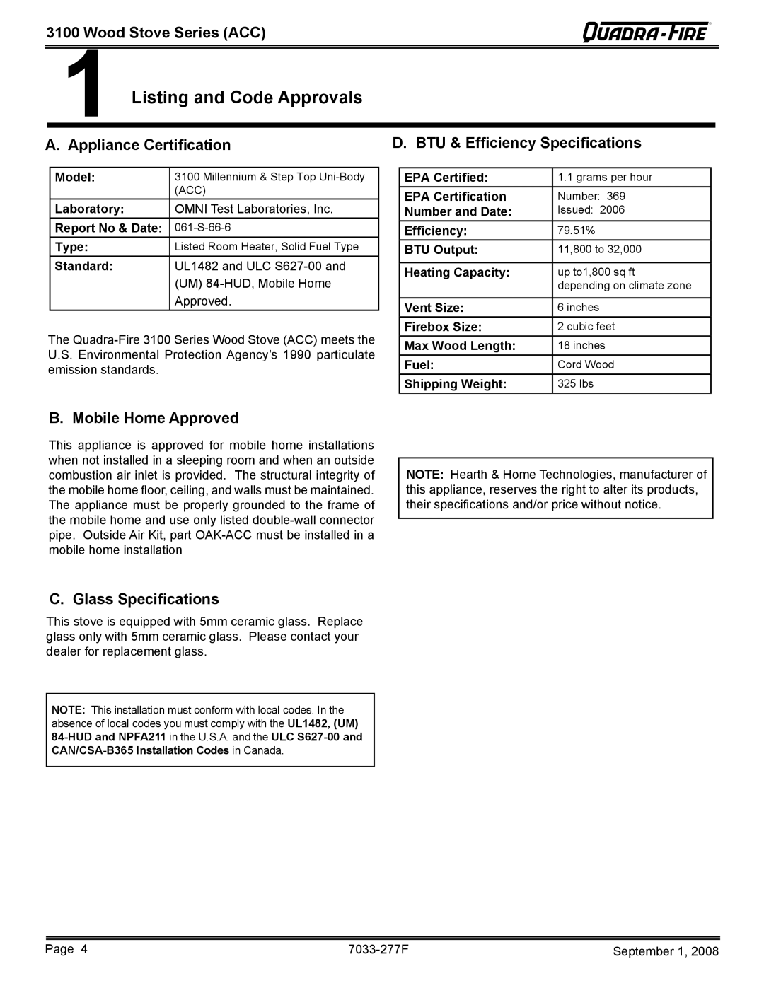 Hearth and Home Technologies 31ST-ACC Listing and Code Approvals, Appliance Certification BTU & Efficiency Specifications 