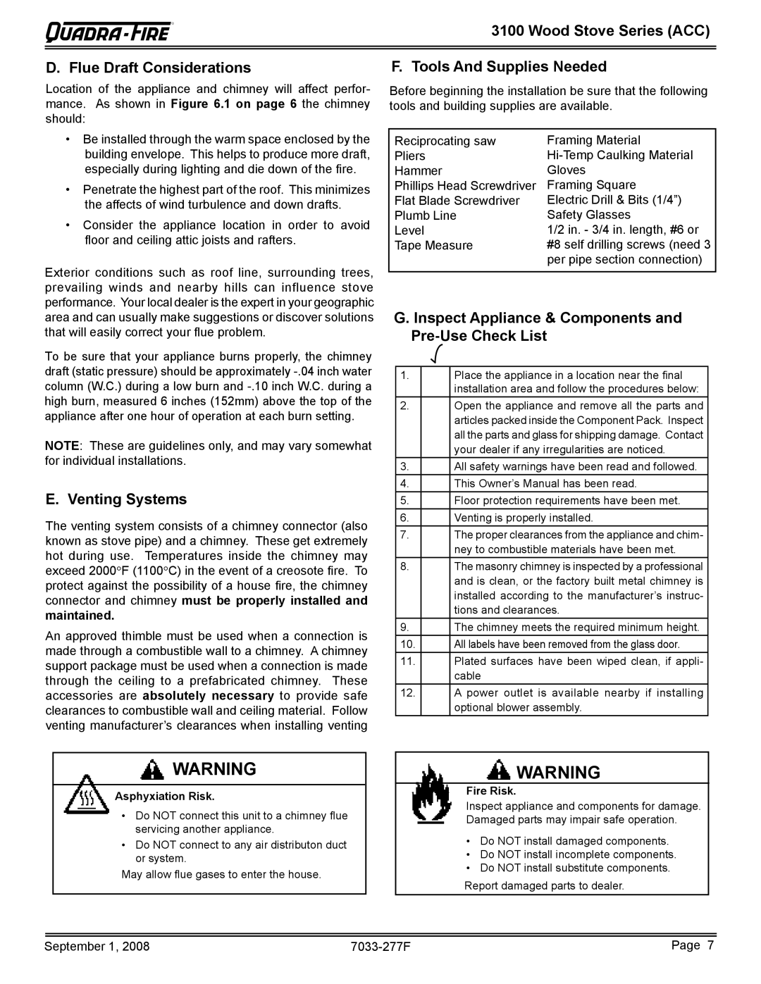 Hearth and Home Technologies 31M-ACC-MBK, 31ST-ACC Wood Stove Series ACC Flue Draft Considerations, Venting Systems 