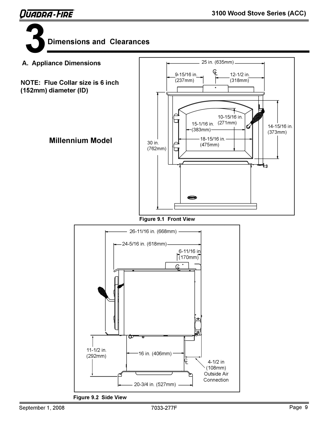 Hearth and Home Technologies 31M-ACC-MBK, 31ST-ACC Dimensions and Clearances, Millennium Model, Appliance Dimensions 