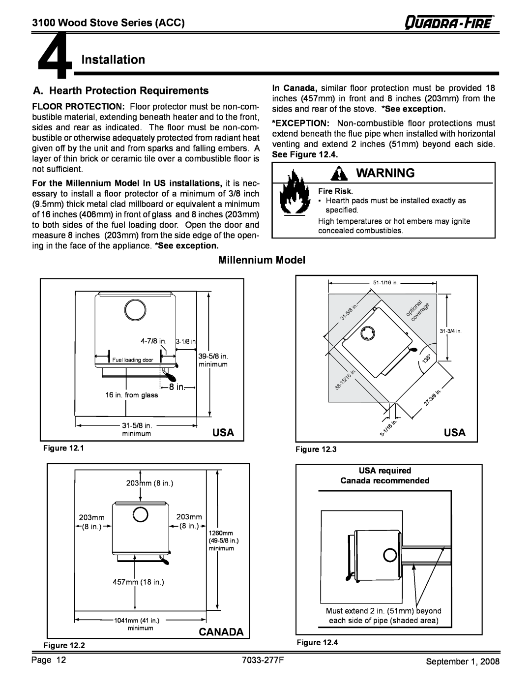 Hearth and Home Technologies 31ST-ACC Installation, 31004Wood Stove Series ACC, A. Hearth Protection Requirements, Canada 