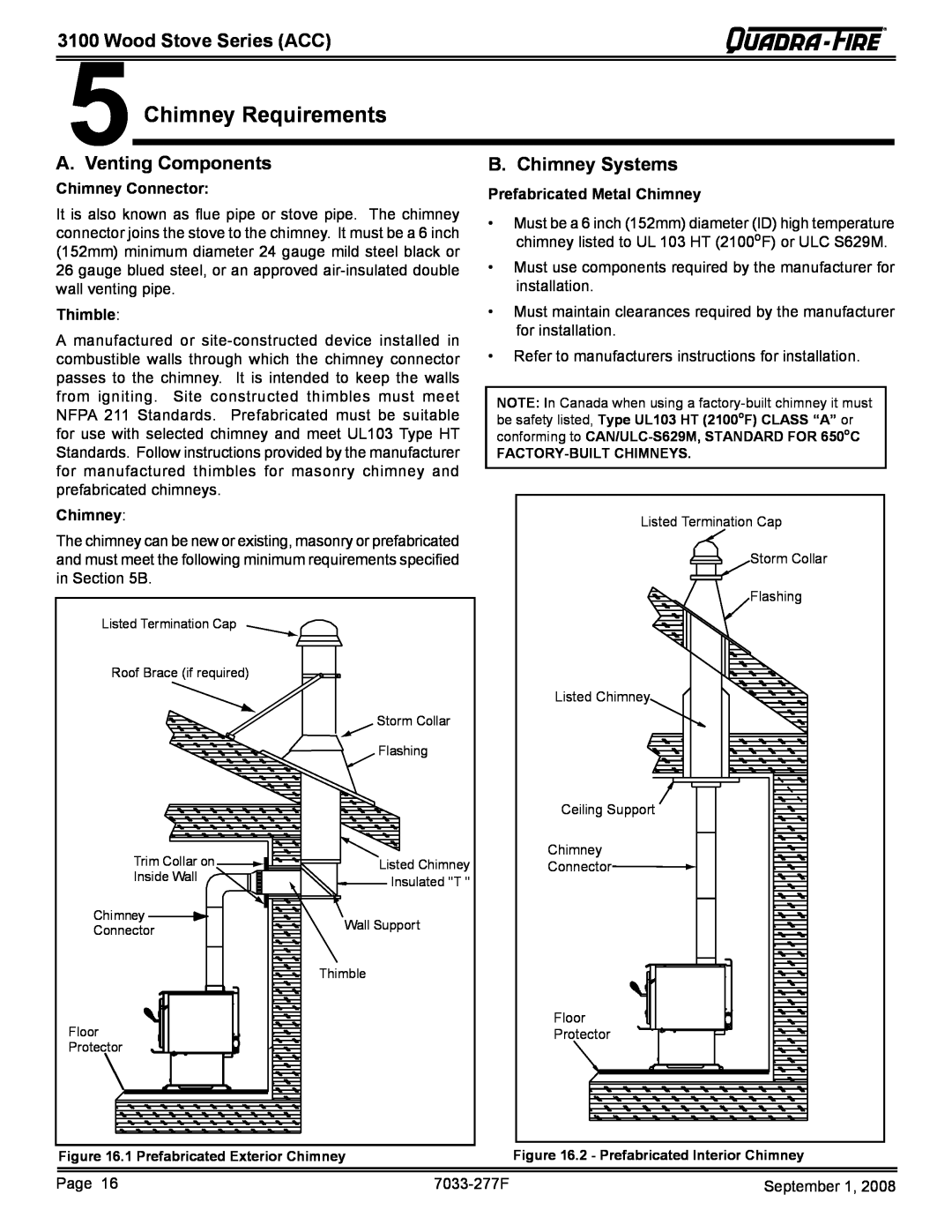 Hearth and Home Technologies 31ST-ACC Chimney Requirements, Venting Components, B. Chimney Systems, Wood Stove Series ACC 