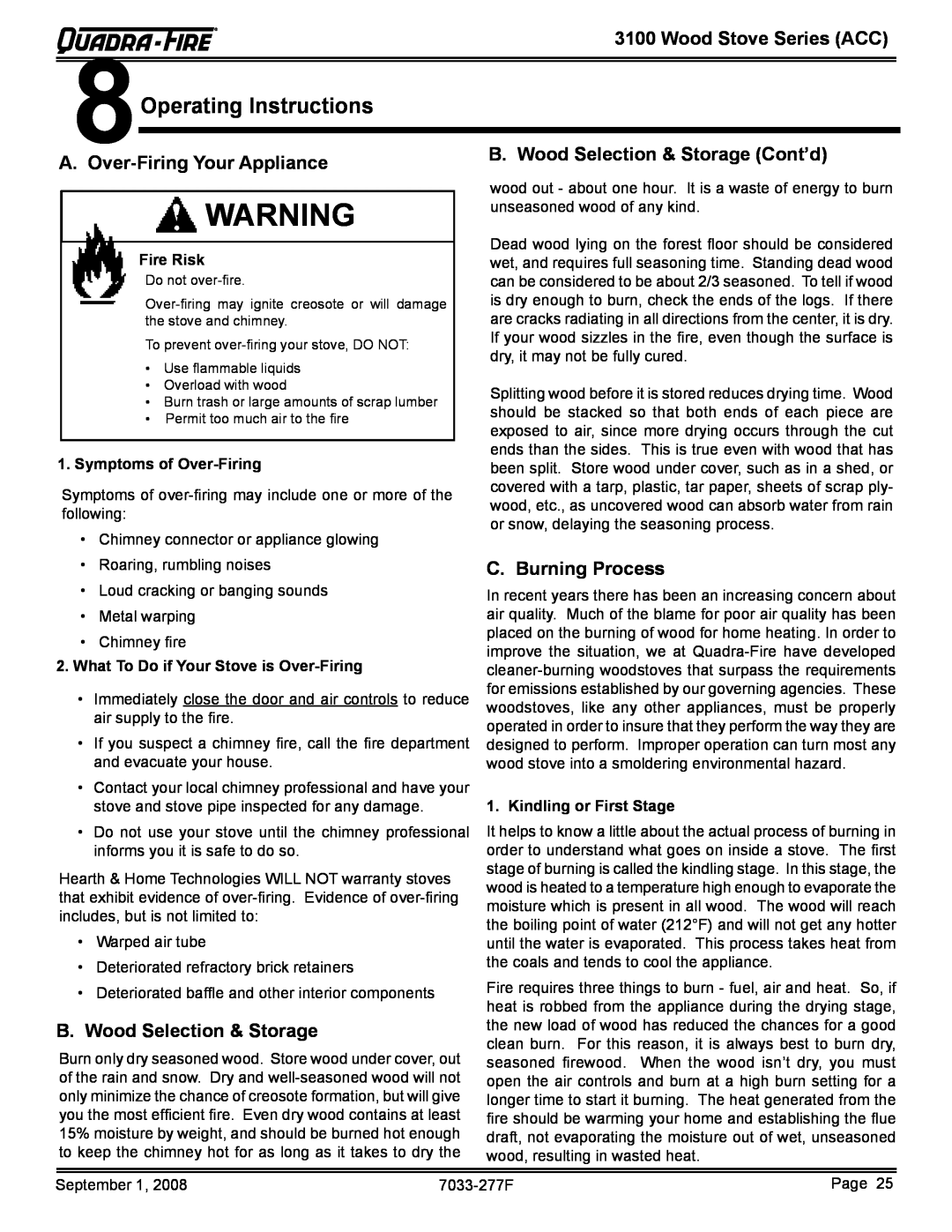 Hearth and Home Technologies 31M-ACC-MBK Operating Instructions, Over-Firing Your Appliance, B. Wood Selection & Storage 