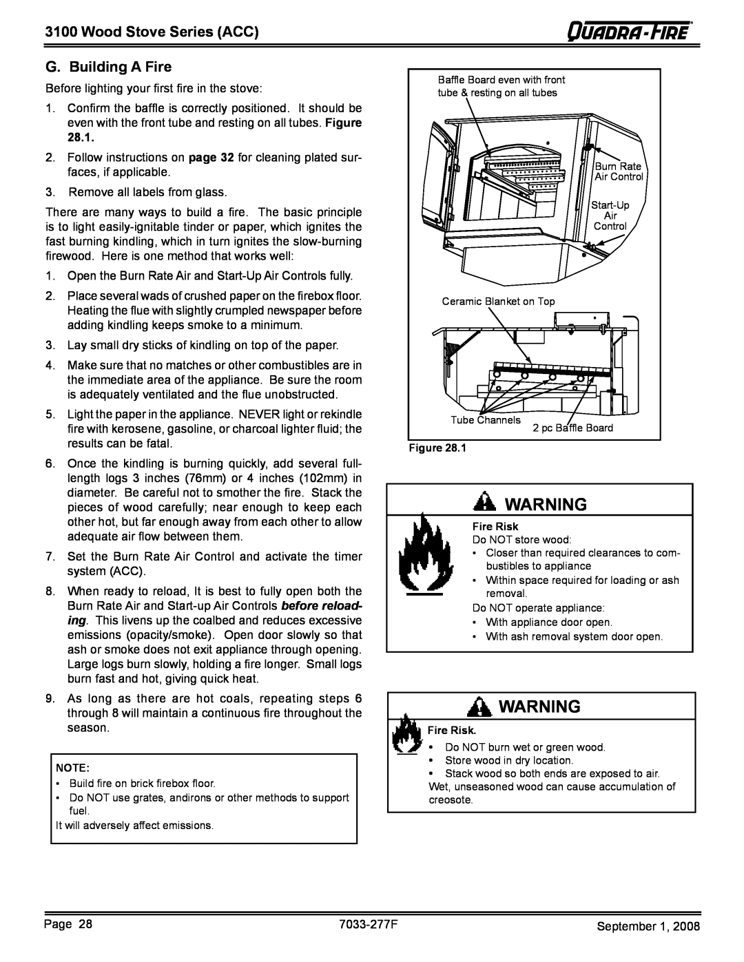 Hearth and Home Technologies 31ST-ACC, 31M-ACC-MBK owner manual G. Building A Fire, Wood Stove Series ACC 