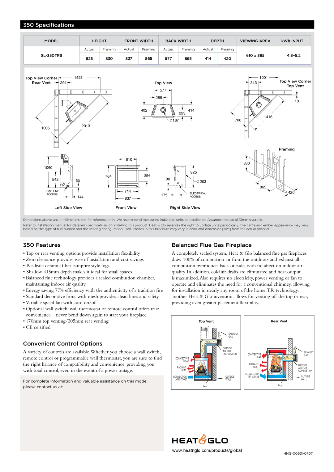 Hearth and Home Technologies 350TRS-CE Specifications, Features, Balanced Flue Gas Fireplace, Convenient Control Options 