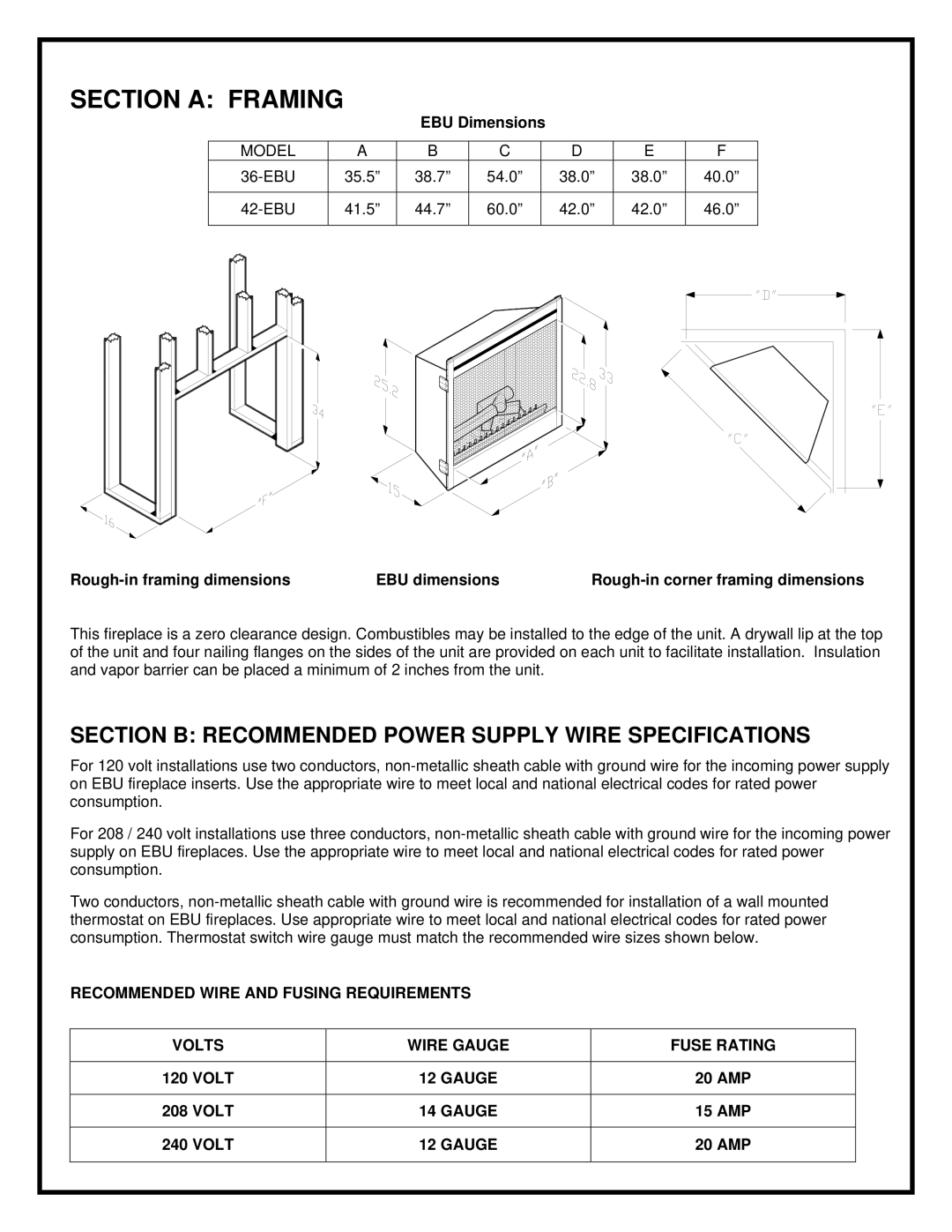 Hearth and Home Technologies 36EBU, 42EBU specifications Section B Recommended Power Supply Wire Specifications, Gauge 