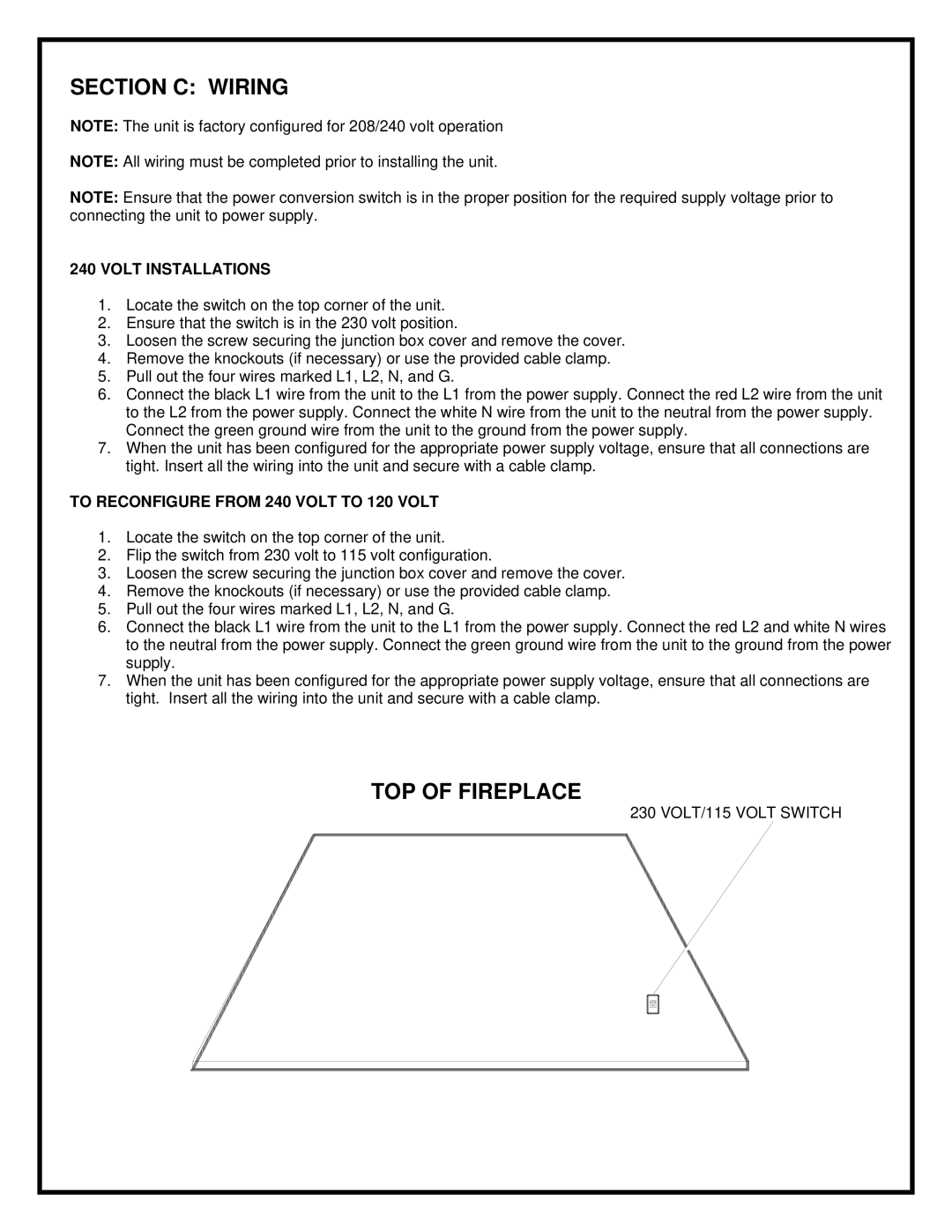Hearth and Home Technologies 42EBU, 36EBU specifications Section C Wiring, TOP of Fireplace, Volt Installations 