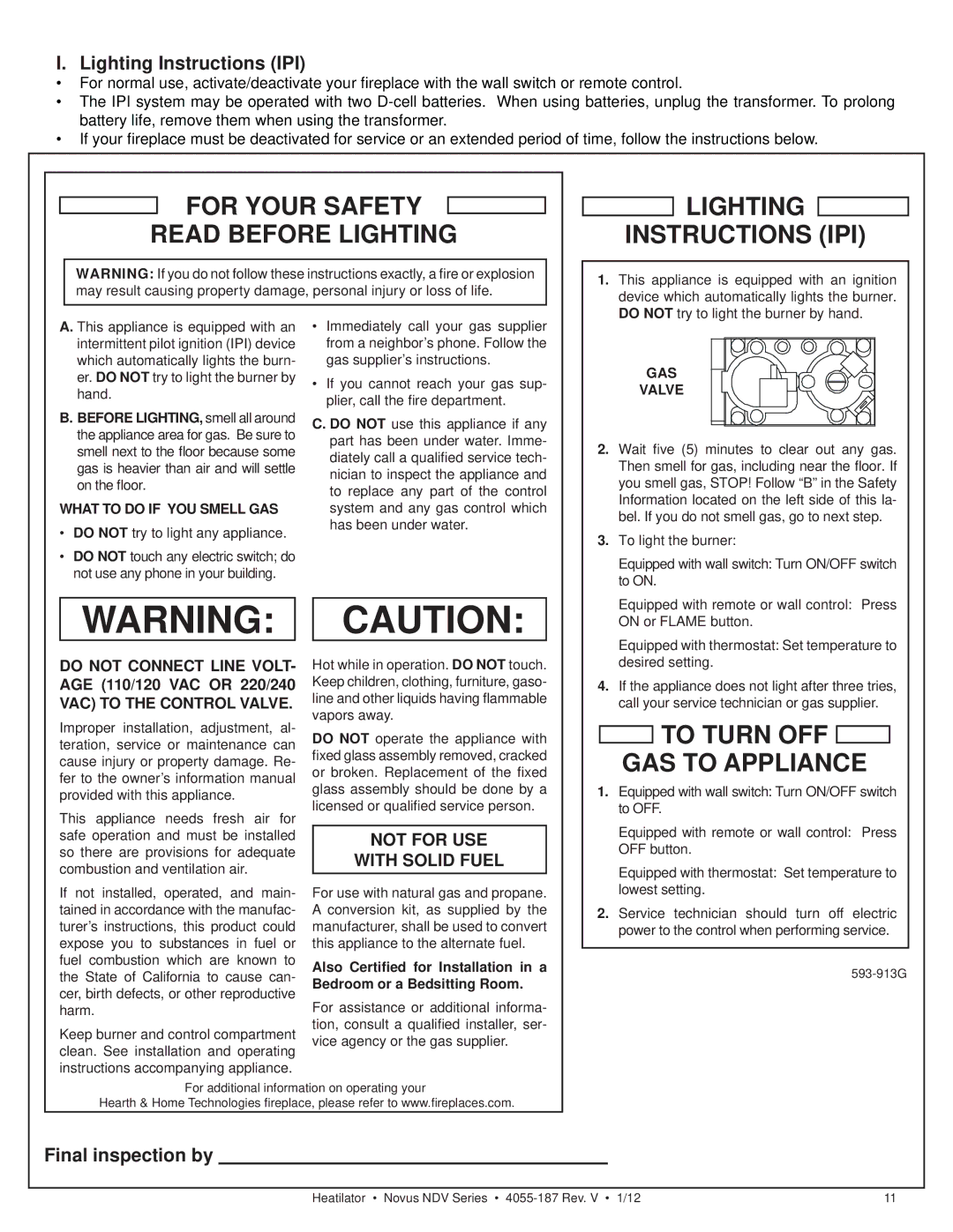 Hearth and Home Technologies 4055-187 owner manual Lighting Instructions IPI, Final inspection by 